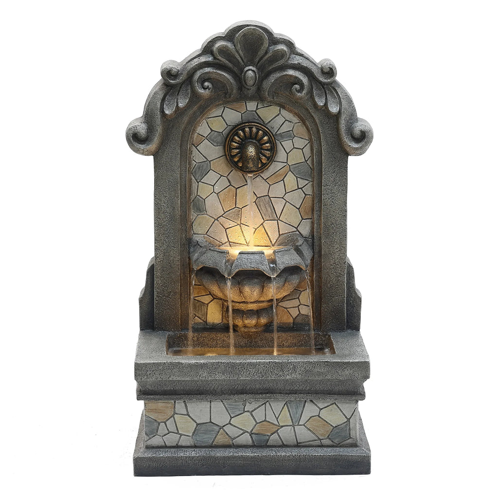 Wall Gray Lights 27" Freestanding Mosaic Resin Outdoor with LuxenHome Fountain Water H