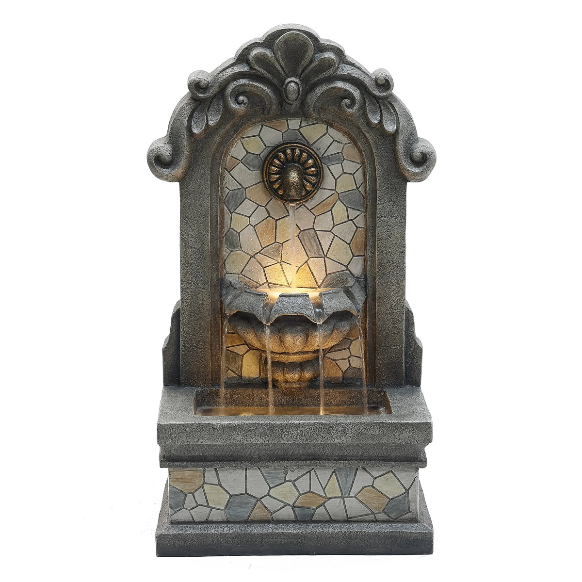Wall Gray Lights 27" Freestanding Mosaic Resin Outdoor with LuxenHome Fountain Water H