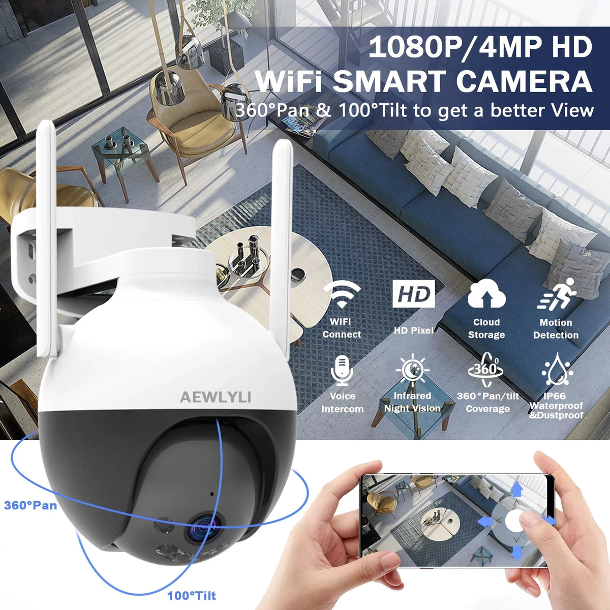 AEWLYLI with Color Night Camera 2.4G/2.5K/4MP Outdoor Camera Siren,360° & View,Home WiFi, Wireless Detection Security Vision,Spotlight Motion