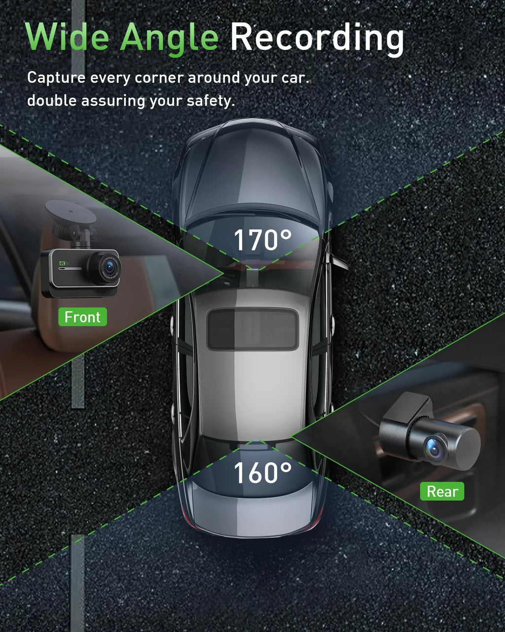 included 170° dash IPS night cam, parking hours dash recording, angle, rear car 4K+1080P 64GB loop front cam, wide Advanced 3-inch card WiFi 24 dual cam, SD mode, vision, and dual dash