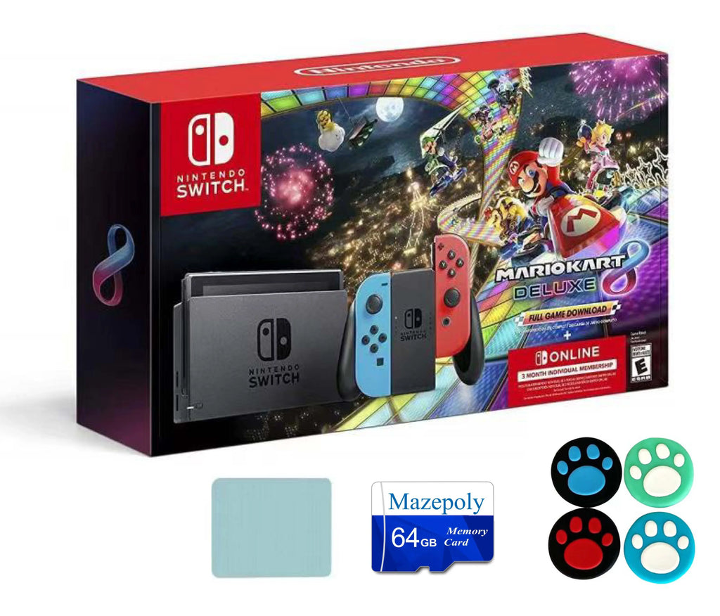 Full 3 Online Neon | with Deluxe Switch 8 Months Accessories Nintendo /Red Joy-Con Bundle: Mazepoly Membership Kart Switch | Console Game Nintendo Download Mario