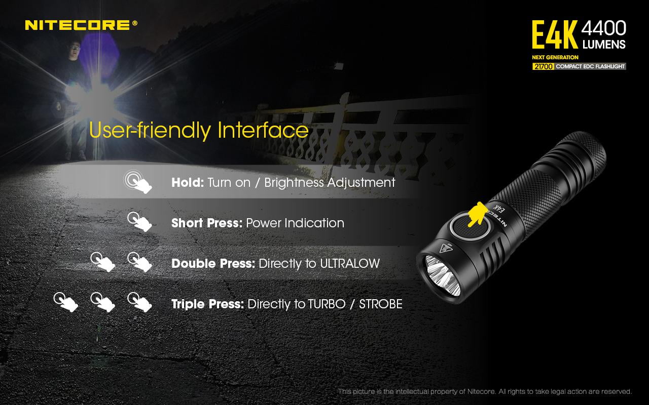 FREE E4K Li-ion Next - and CREE EDC Battery generation NITECORE - Flashlight V6 Battery NITECORE Lumens 4400 21700 Compact Eco-Sensa 4x 21700 w/ XP-L2 1x Case Rechargeable