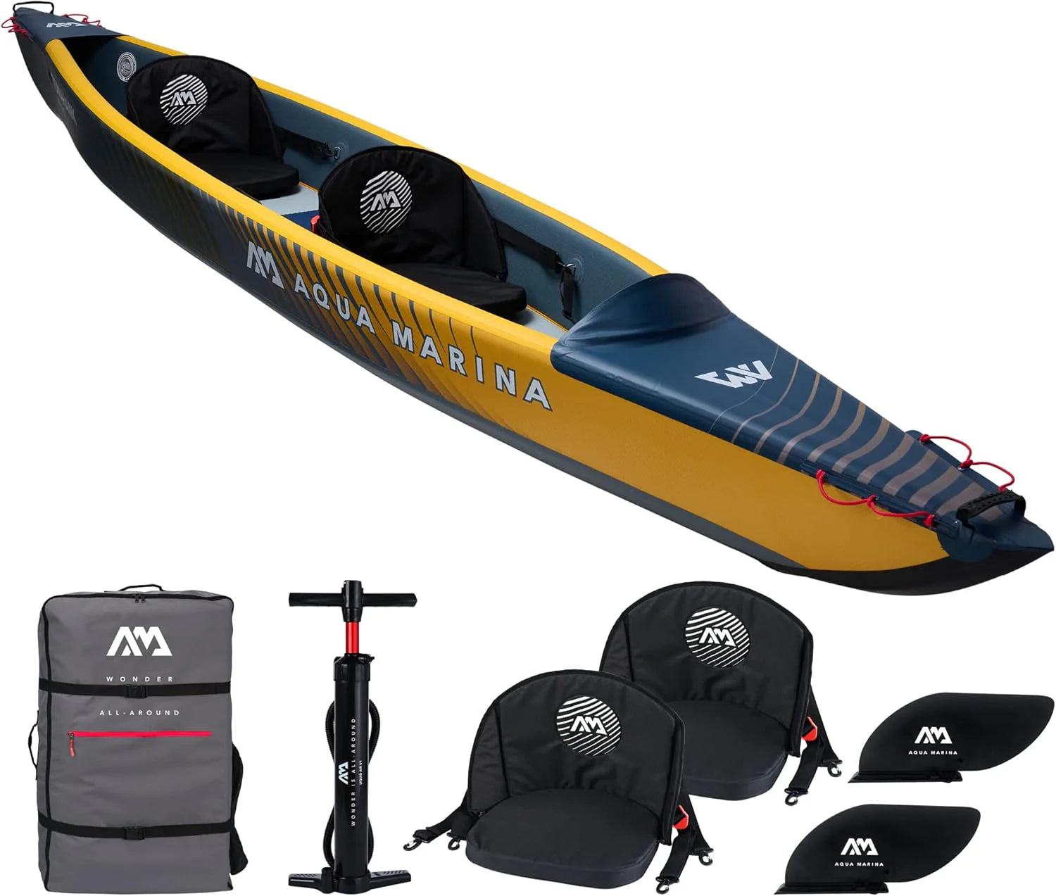Aqua Marina Tomahawk, Air-K Wysokociśnieniowy Dmuchany Kajak Premium, Dla 2 Osób, Długość 440 Cm, Morski/Żółty