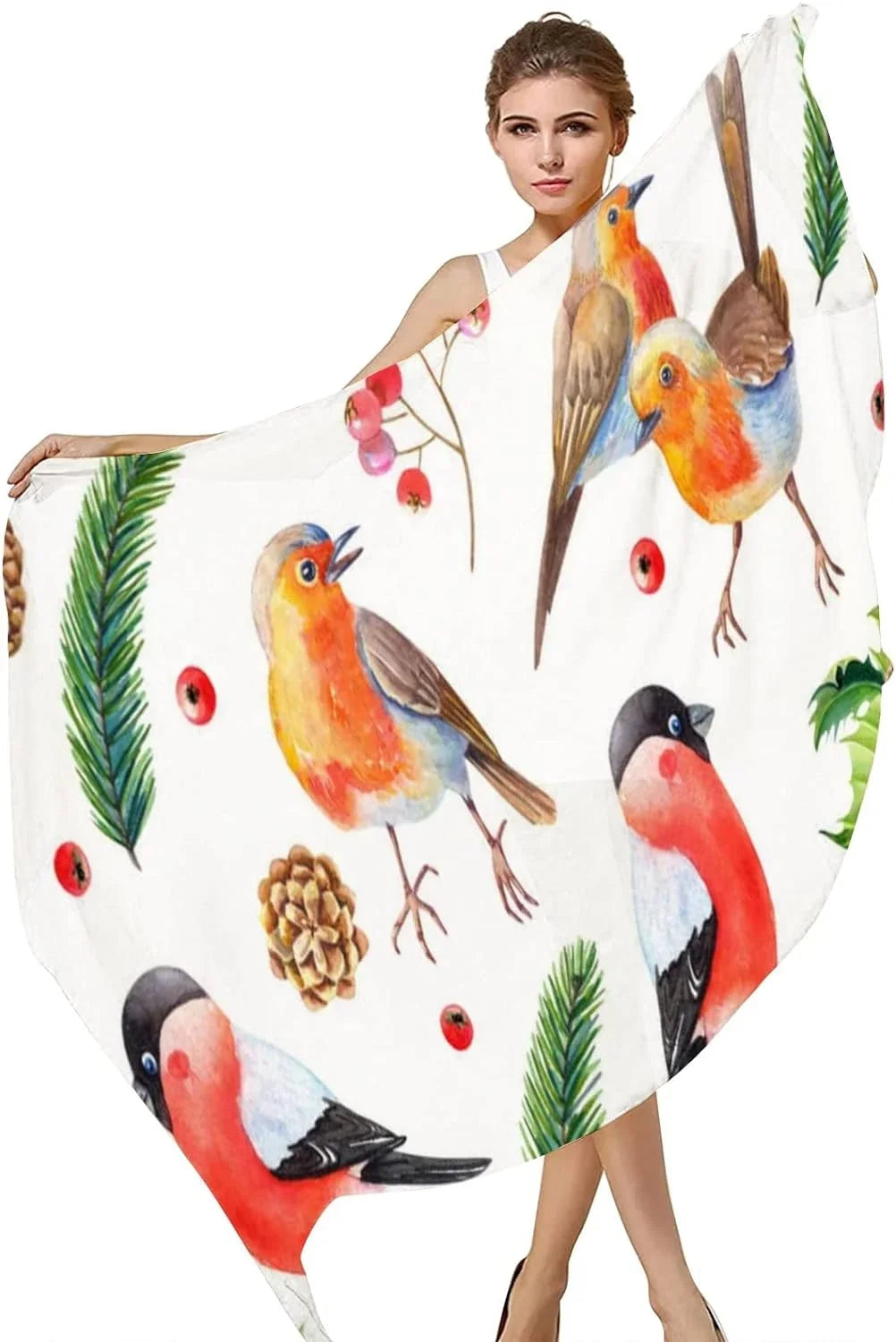 Hyjoy Scarf Bird for Scarves Neck with Girls Christmas Silk Women Shawl Watercolor Leaves Lightweight Wrap Long