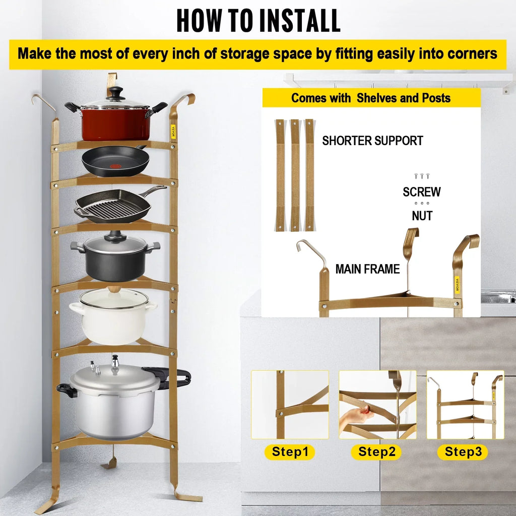 Pans, Cookware Pots, SKYSHALO Copper Cookware Carbon Kitchen Rack Shelf, Rack, Stand, 6-Tier Baskets Unassembled Storage Steel Pot Corner Cookware Storage Tower, for Multi-Layer Kettles 61-inch Shelf