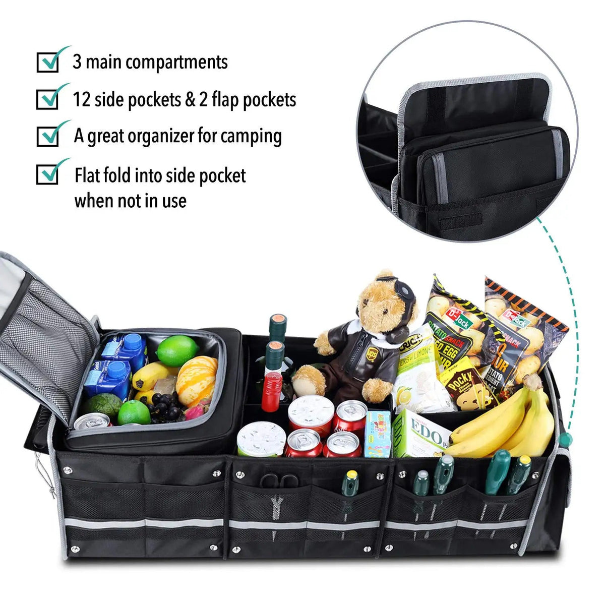 SUV D Dividers, Removable & - Storage Glamor and Cooler Black 5-in-1 - Straps Bag Cargo Collapsible Solution Lid, Car Leak-proof Trunk with Foldable Insulated Organizer with Tie-Down 2