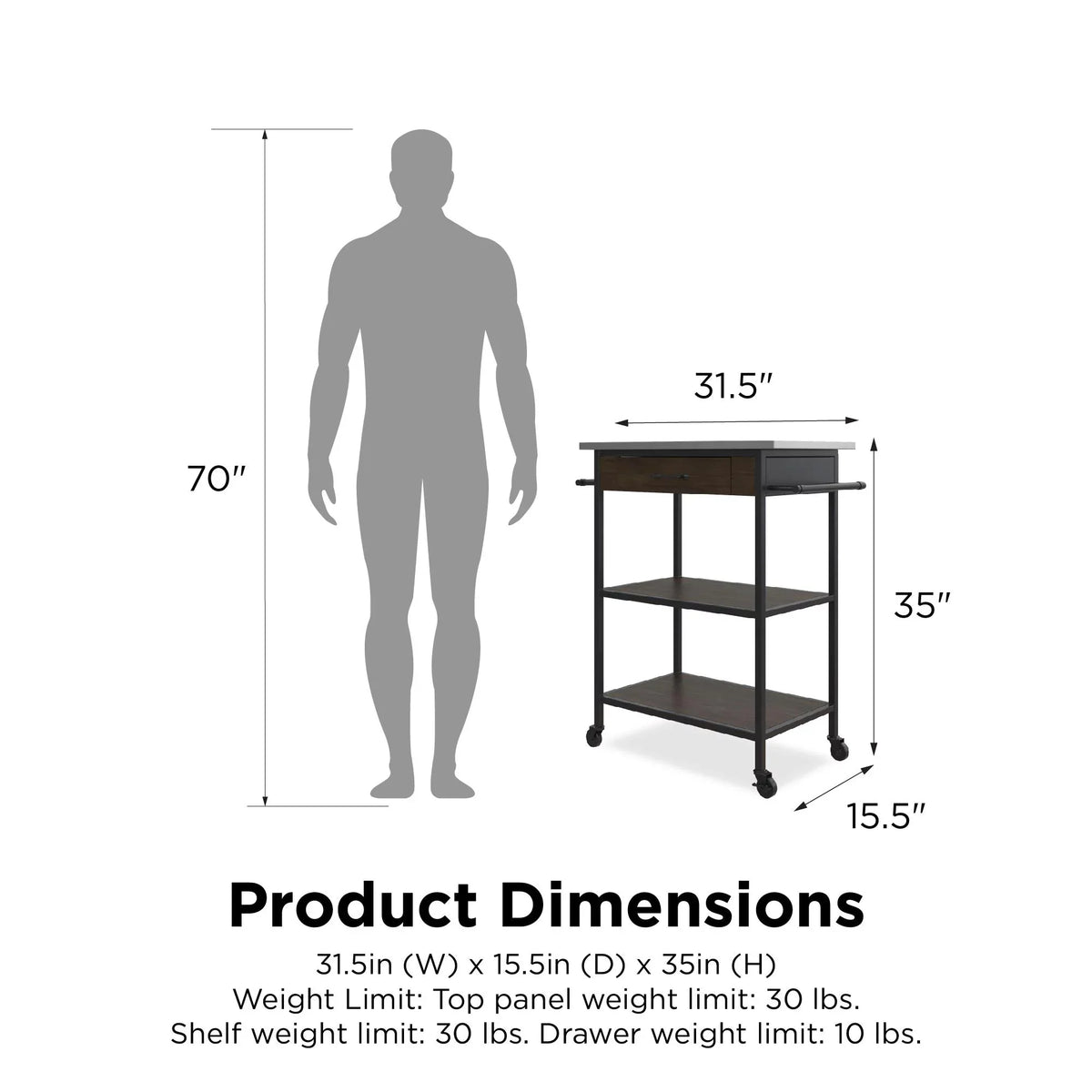 Counter DHP Black Brown Frame, Metal Stainless Top, Pantry Kitchen Kane Cart, Storage, Steel