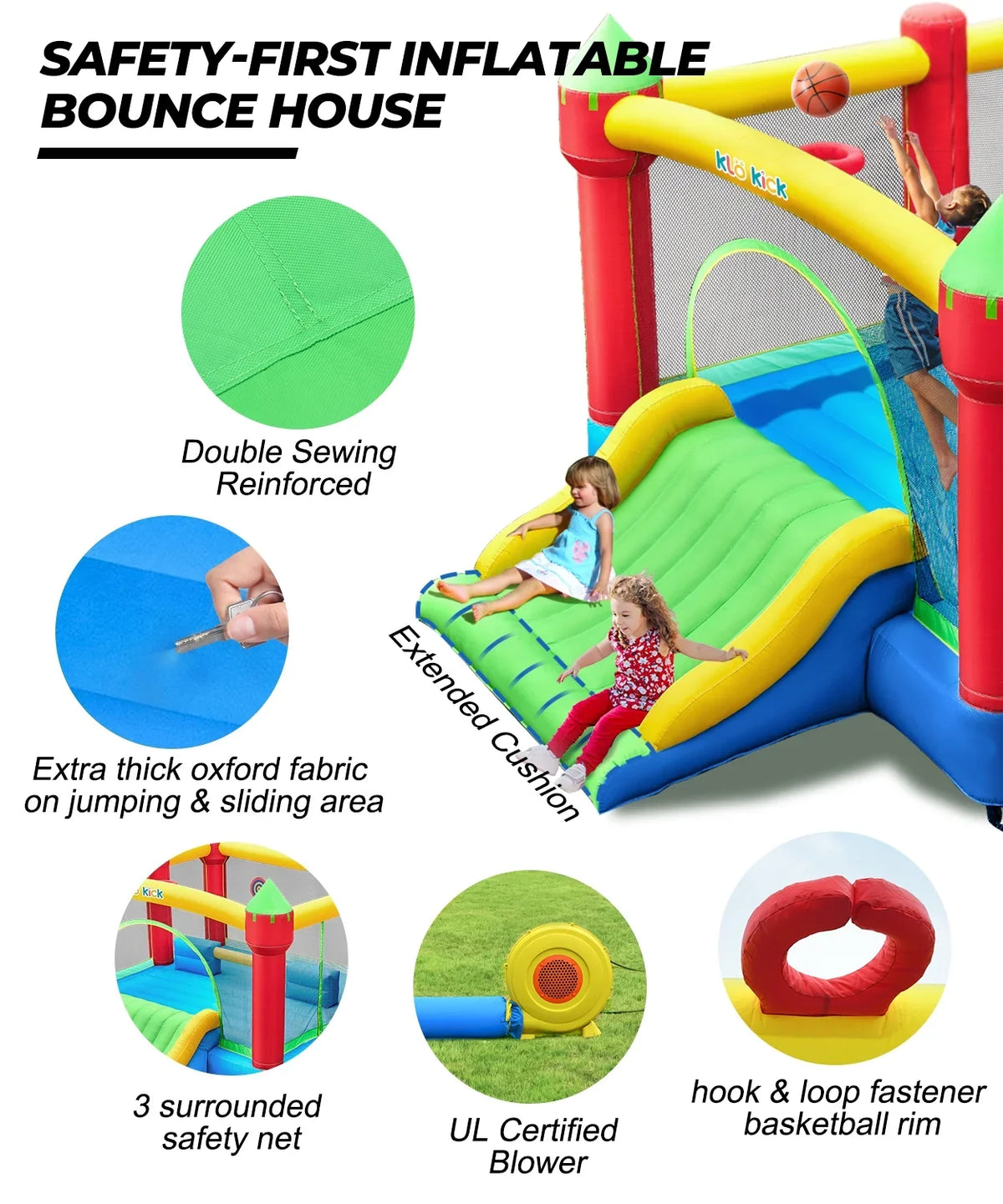 Bounce for Slide Oxford Adult, Teen, 12' 840D 15'x Kids KLOKICK Infant, Large Child, Blower 3-10 Tween self-inflating House with Years, Bouncers for 6 &