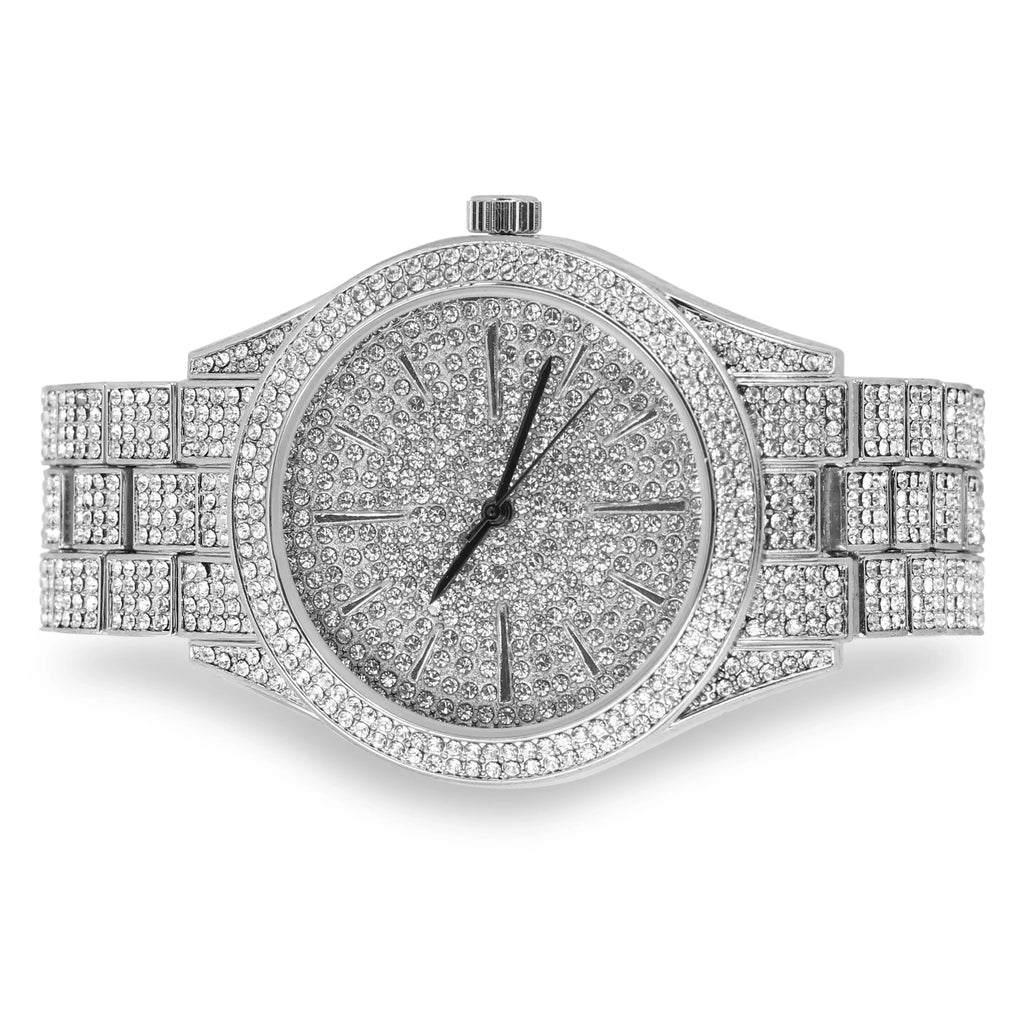 Simulated Iced 42mm Diamond - Bling Band Adjustable Mens Out Movement Tone Silver Metal - Out with Watch Quartz Fully Dial Finish Bling-ed and Diamonds -