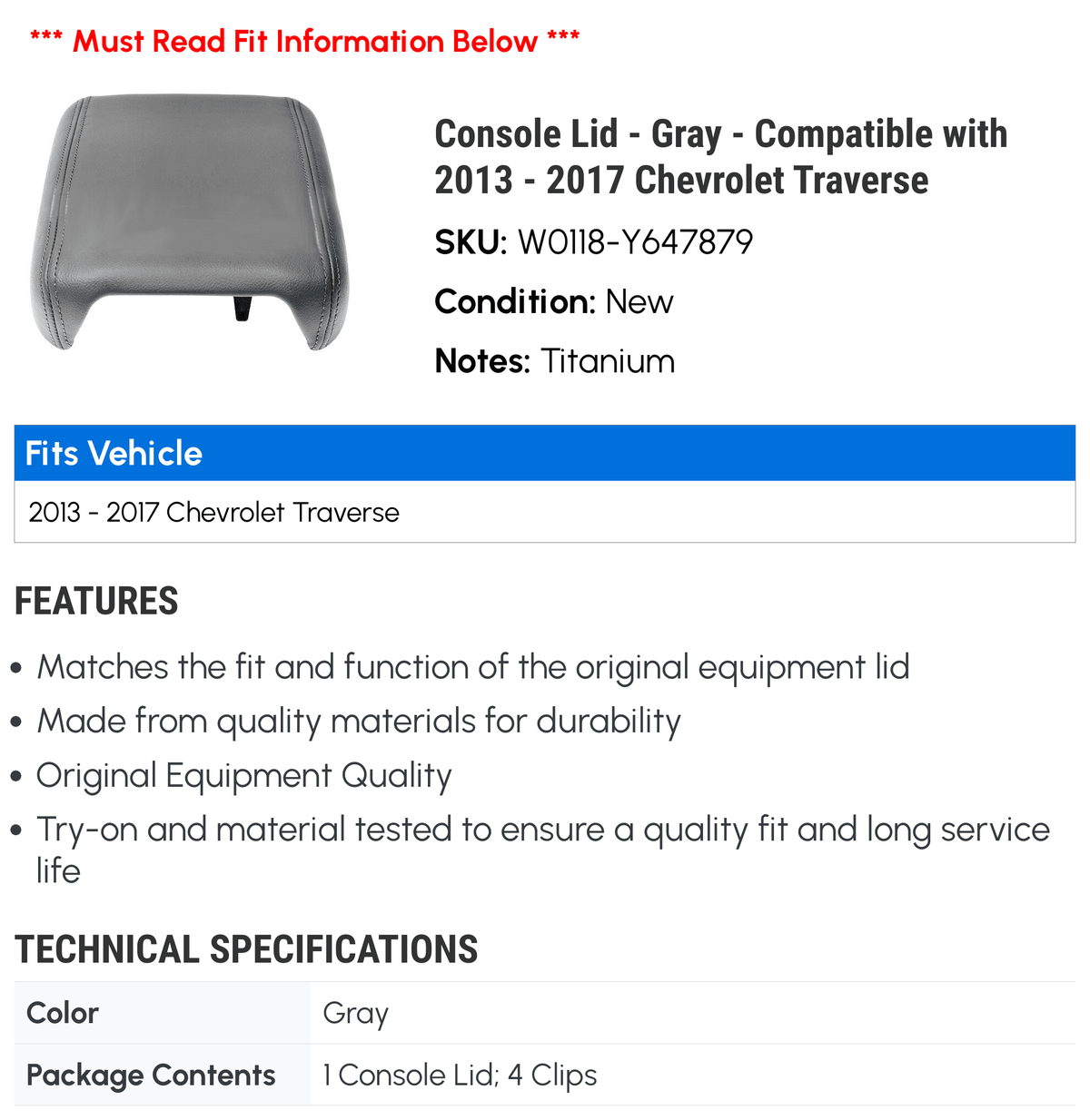 Gray 2013 Lid Chevy - - Console with 2017 Compatible - 2016 2015 2014 Traverse