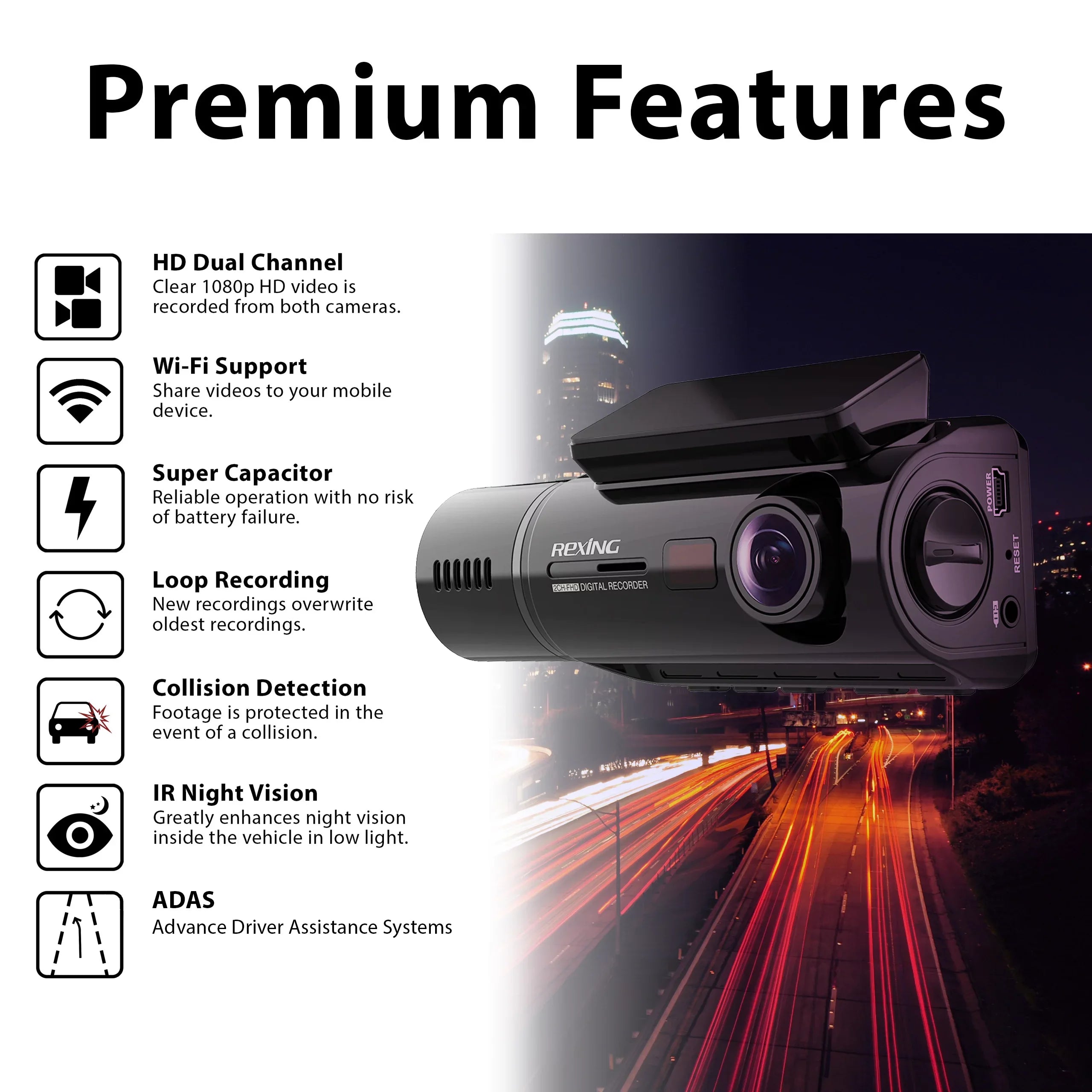 HD Rexing V3 with Dash 1080p Full Inside Wi-Fi Basic Cam Dual Front Cabin and Camera