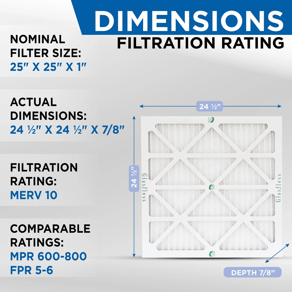 Actual Filters Pack by 10 Size: oxygen 7/8 MERV 24-1/2 of 12 x x Pleated 24-1/2 Glasfloss. 25x25x1