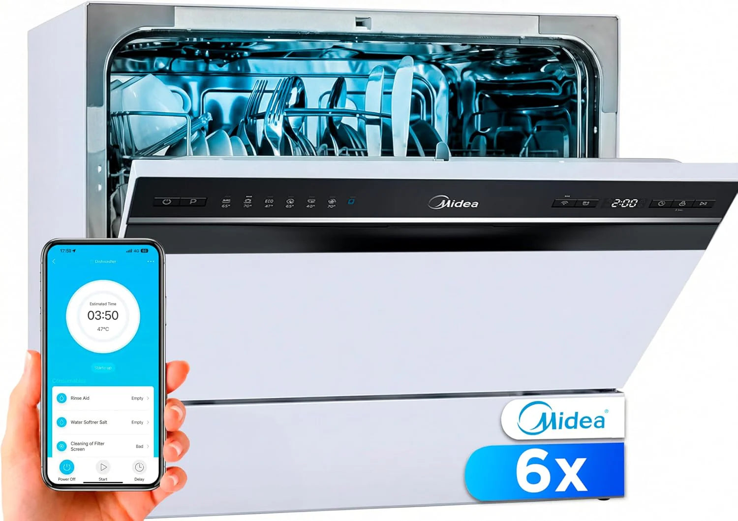 Midea Mała Zmywarka, Biała, 55 Cm, Dla 6 Osób, Kompaktowa I Przenośna, Bez Instalacji, Zmywarka Z Aplikacją Control, 6 Programów, Filtr Antybakteryjny