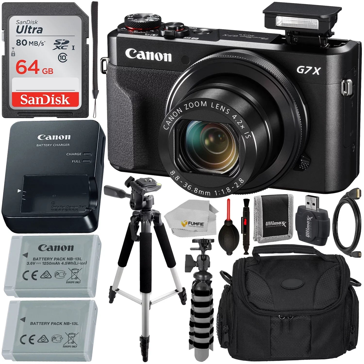 Accessory SanDisk PowerShot Camera Canon Battery, & X Life (Black) 64GB - with Tripod, II Card, Essential Digital Includes: Replacement Mark SDXC Ultra Extended Bundle Memory Carrying G7 Case More