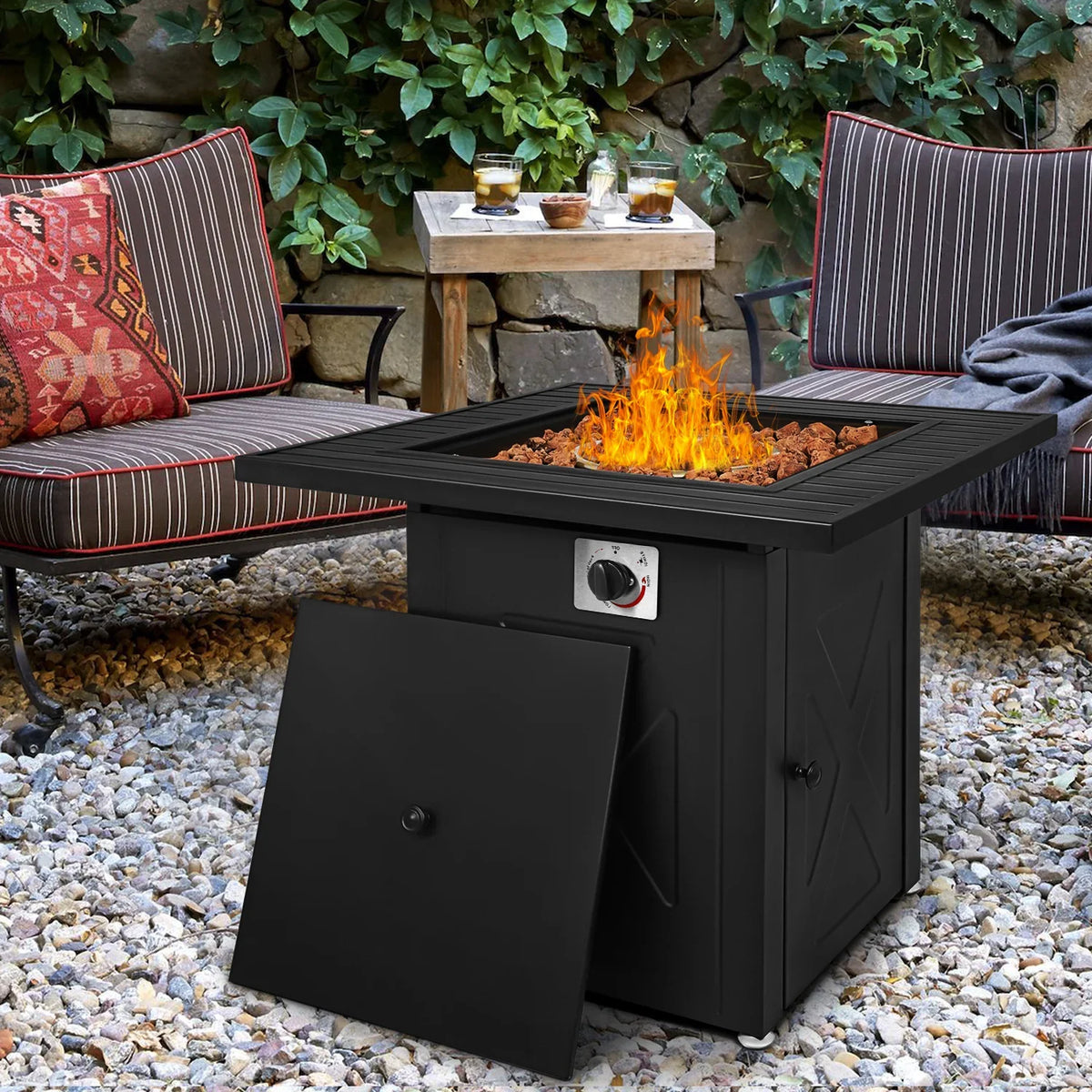 with MoNiBloom Propane Pit Table Gas Patio, Outdoor Lid 50,000 BTU Fire and Rocks Square Metal Fire Lava for Pit Table Black 28"