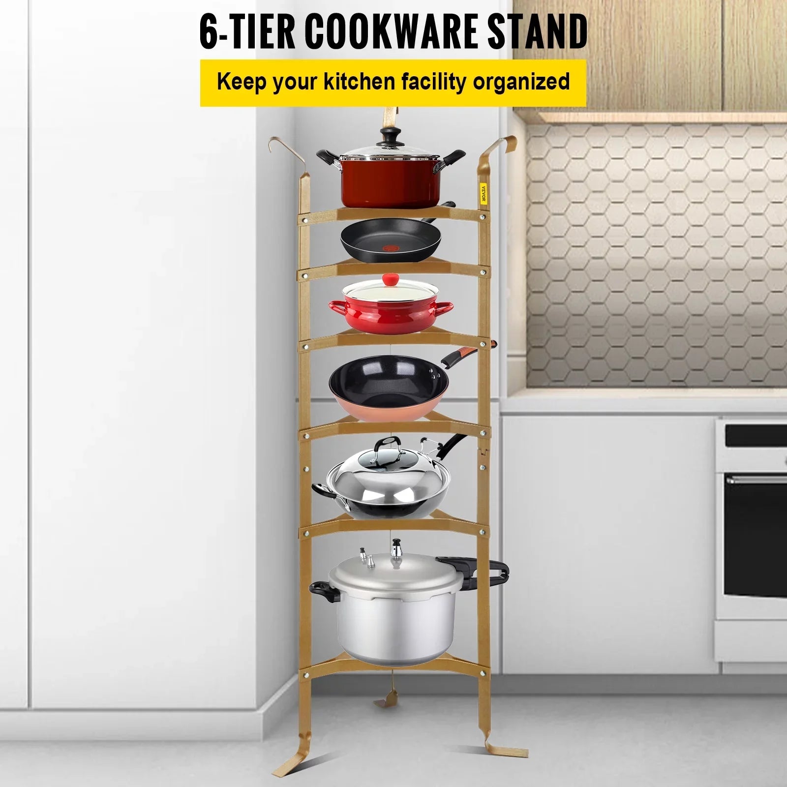 Pans, Cookware Pots, SKYSHALO Copper Cookware Carbon Kitchen Rack Shelf, Rack, Stand, 6-Tier Baskets Unassembled Storage Steel Pot Corner Cookware Storage Tower, for Multi-Layer Kettles 61-inch Shelf