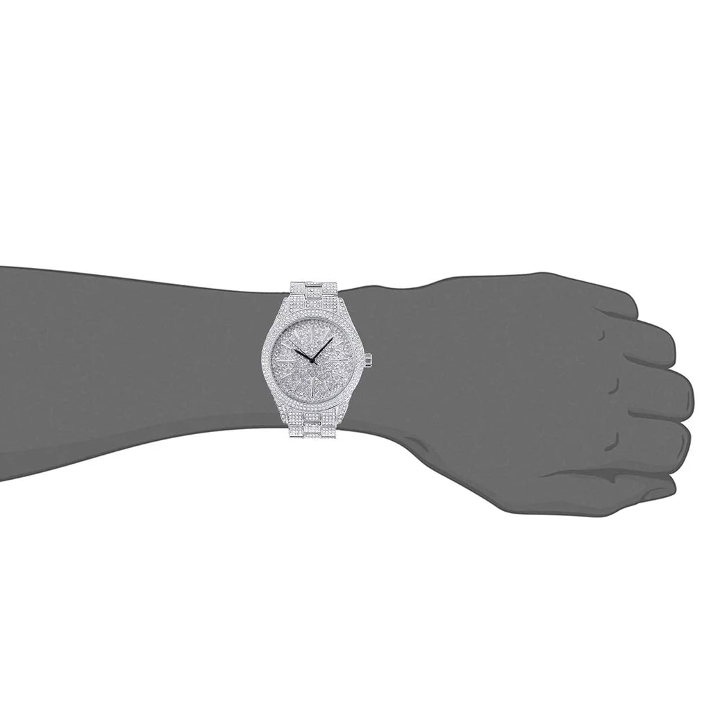 Simulated Iced 42mm Diamond - Bling Band Adjustable Mens Out Movement Tone Silver Metal - Out with Watch Quartz Fully Dial Finish Bling-ed and Diamonds -