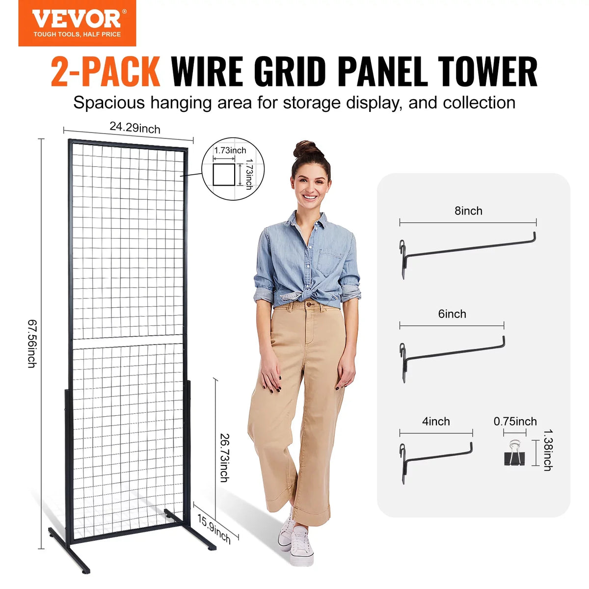 Extra Tower, Clips and for Panels Gridwall BENTISM Gridwall T-Base Grid Wire Display Art Hooks Shows, 2' 2 5.6' Racks Floorstanding, x Panels Packs Wall Double Side Display with Craft Retail with