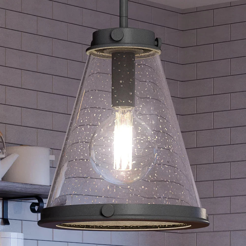 Style Design, Indoor Farmhouse and Transitional UQL4290 Black Clear Elements, with Sand Seeded Glass, 14.75''H x Finish Pendant, Luxury Modern 13.00''W, Casual