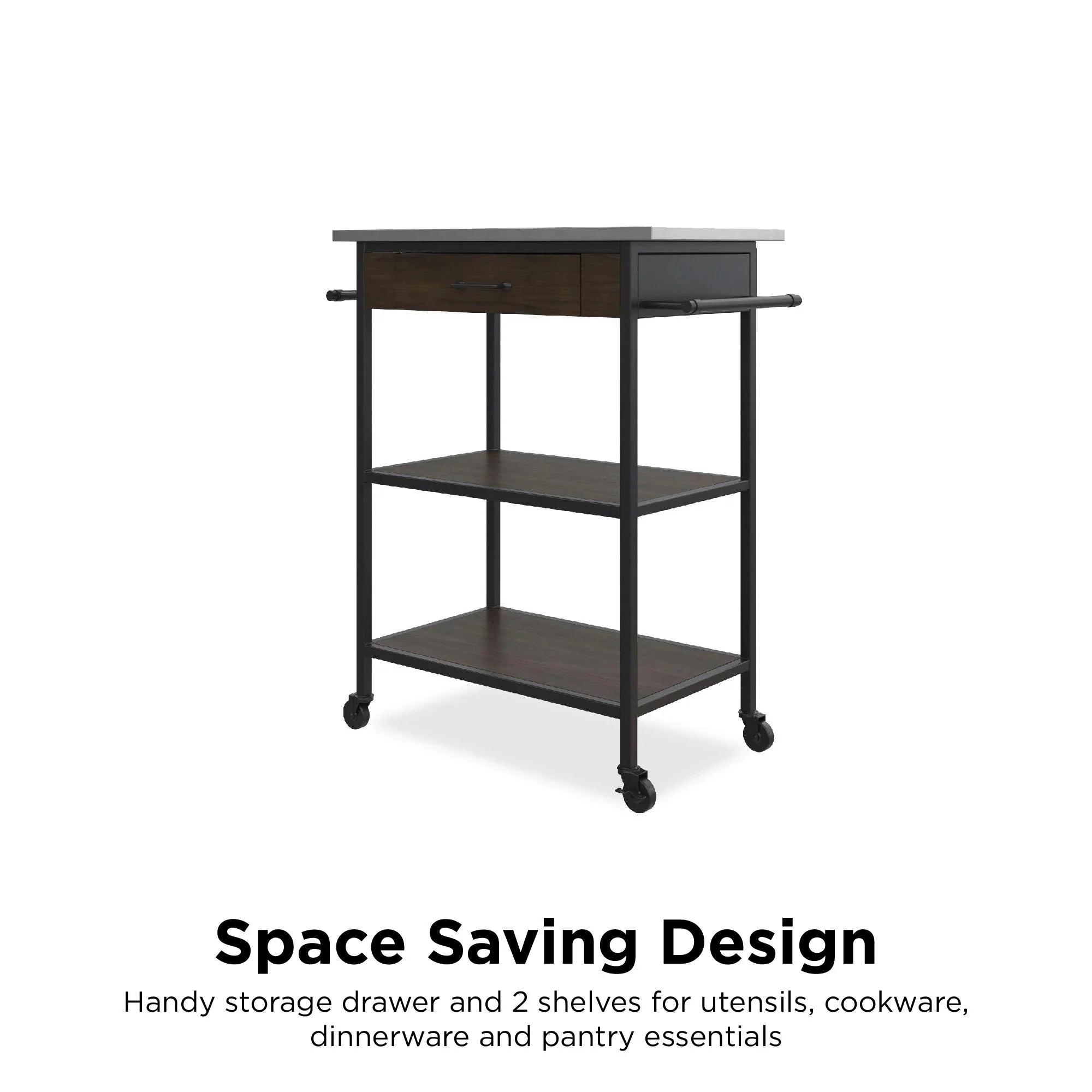 Counter DHP Black Brown Frame, Metal Stainless Top, Pantry Kitchen Kane Cart, Storage, Steel