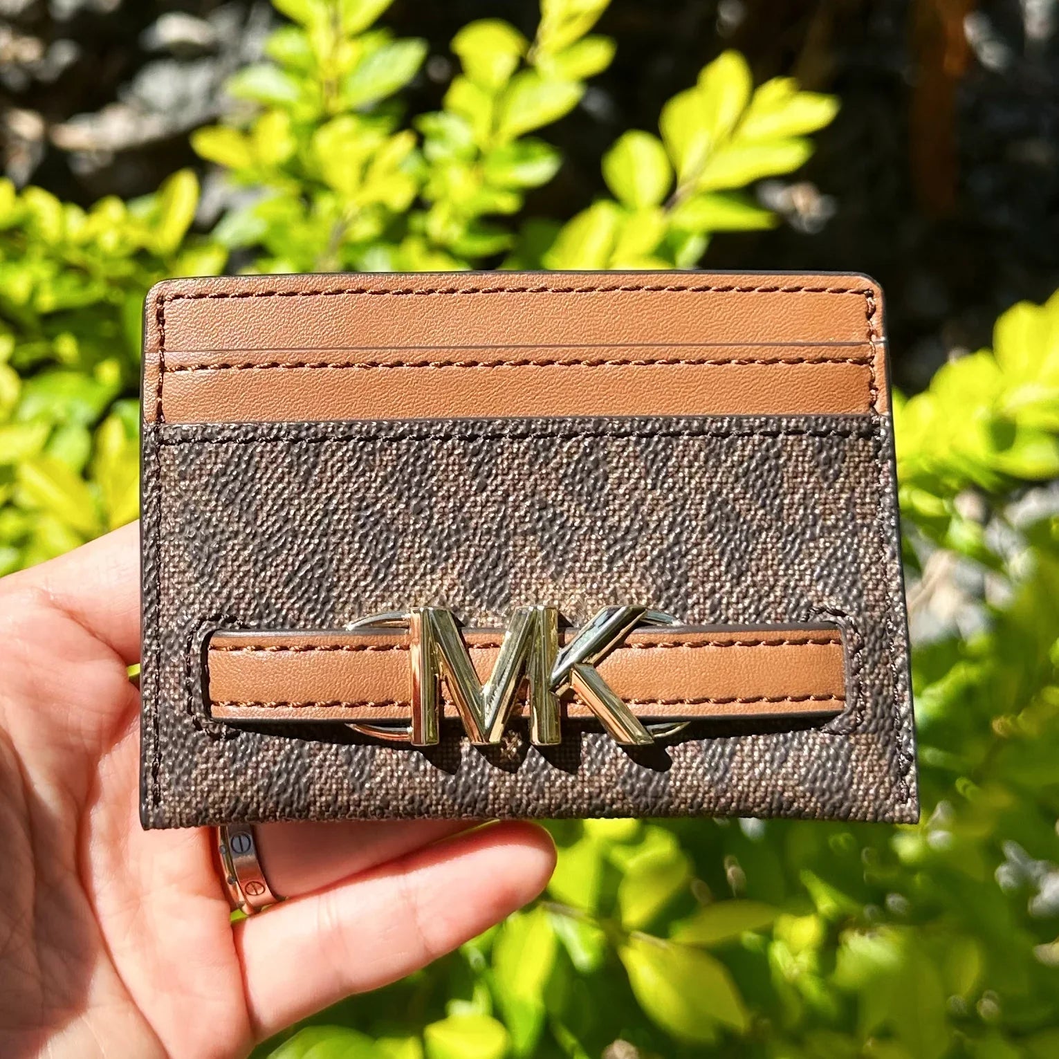 Brown Card Wallet Michael MK Holder Kors Reed Signature Logo Large