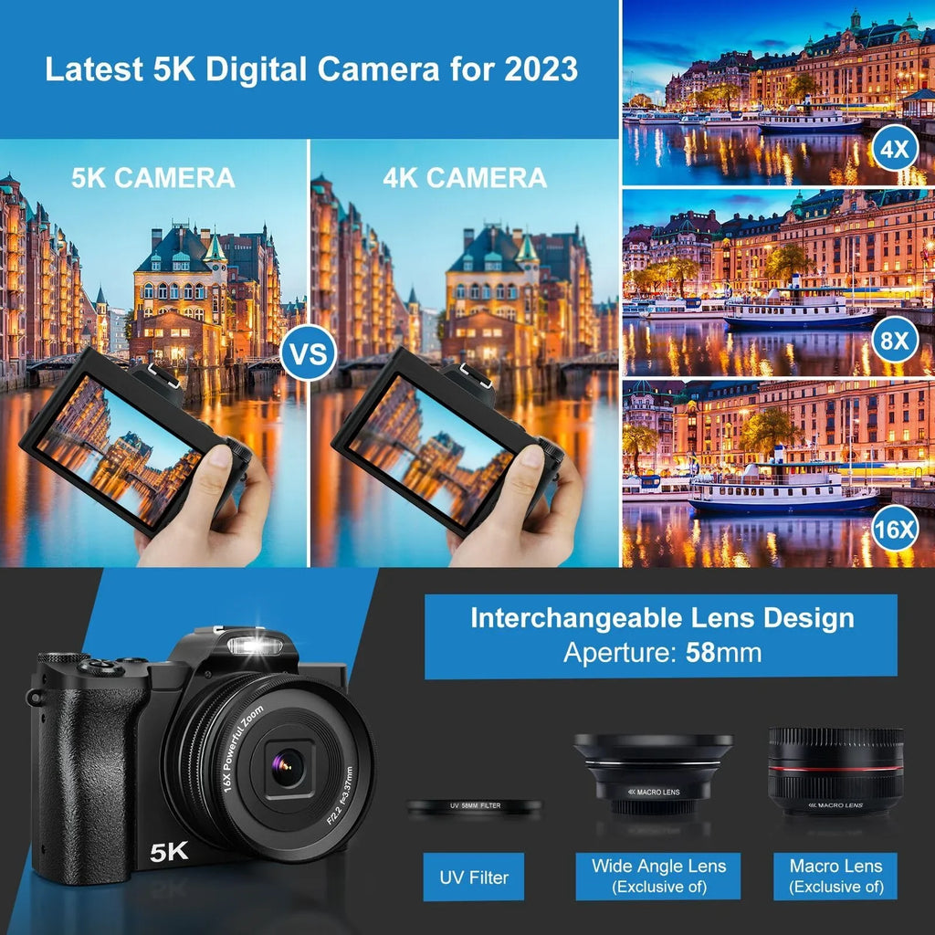 48MP Camera, Stabilization Digital Camera Travel Camera, Vlogging Autofocus 16x 5K 6-Axis Compact UV Beginners Digital for Zoom Boys, with WiFi Filter Girls, Camera