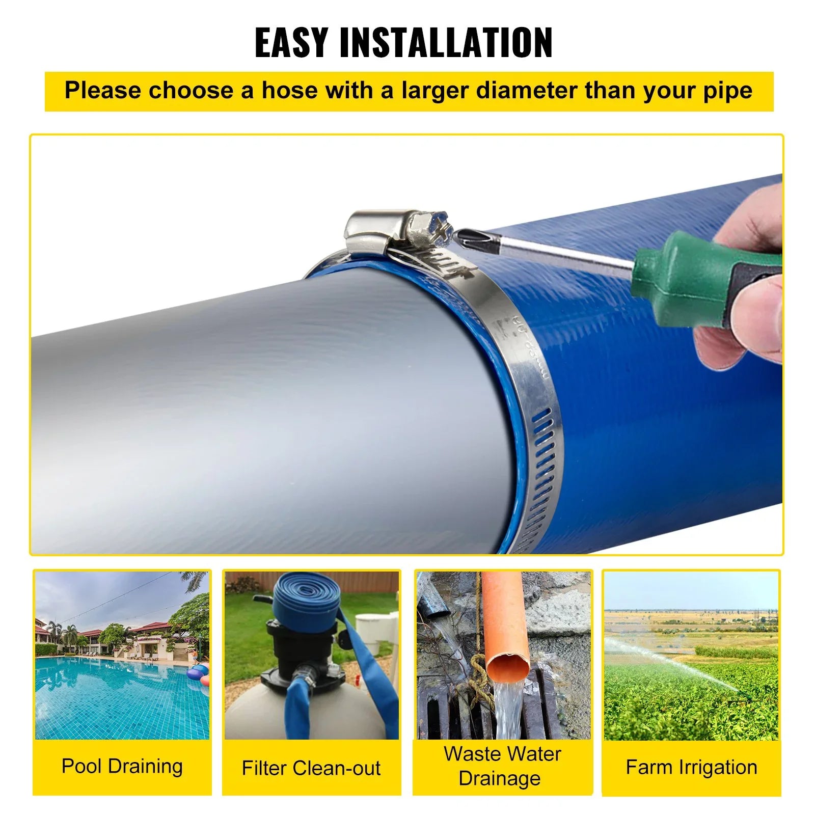 Backwash with x Water Drain & & Swimming Burst-proof, Duty 1-12" 105', Weather-proof VEVOR Flat Hose, Hose, Heavy Clamps, Fabric Pool Transfer, Hose Discharge for Ideal Lay