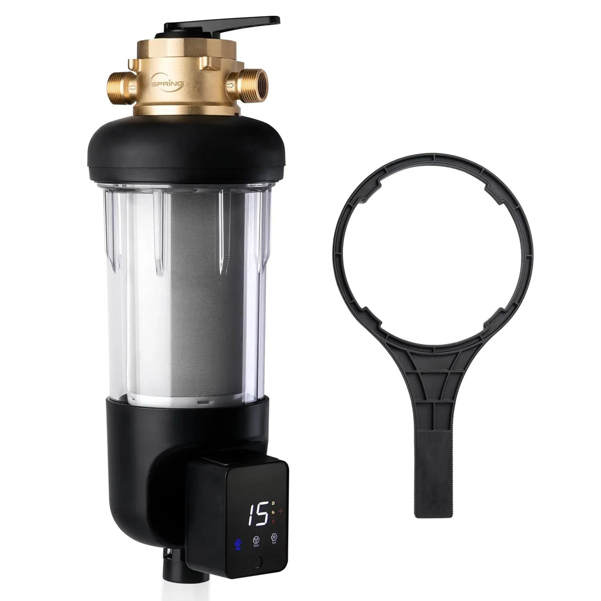 WSP100ARJ-BP Spin-Down Auto Upgraded Clear Sediment Whole Filter with iSpring Flushable and Microns Reusable, House Water Touch-Screen Jumbo Modes, Size, Housing, 100 Flushing, Bypass, Prefilter, 4