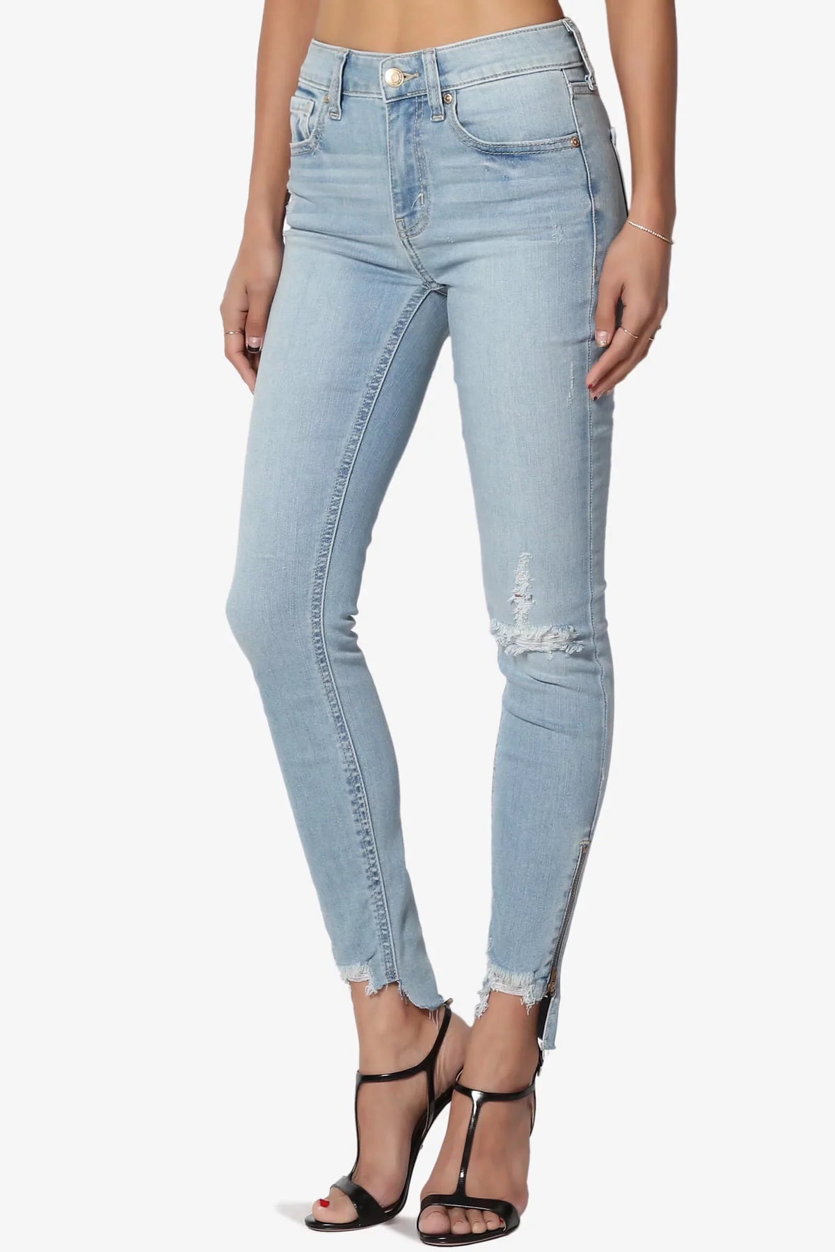 Distressed Raw Rise Cropped Step Mid TheMogan Edge Jeans Women's Zip Skinny Hem
