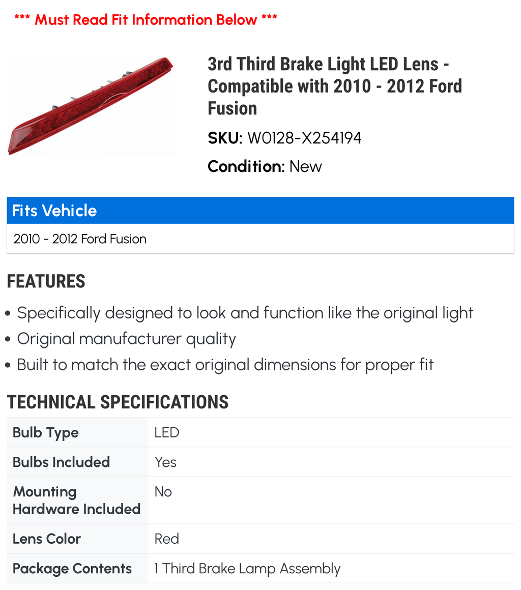 LED Fusion Lens Compatible 2011 Brake 2010 Ford - - 2012 3rd with Third Light