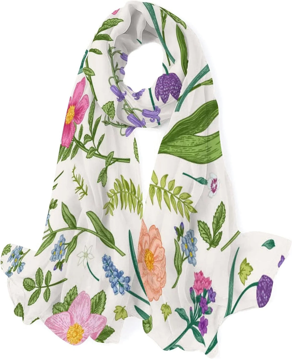 Neck Scarf Long Lightweight Flowers Girls for Wrap and Women Hyjoy Silk Meadow Herbs Scarves Shawl