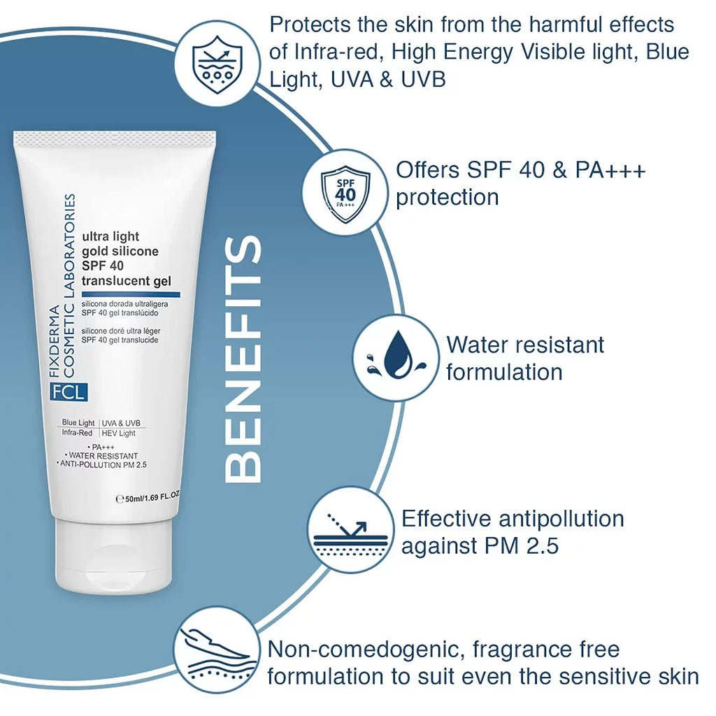 Acne Prote FIXDERMA Body Sunscreen LABORATORIES Translucent | Moisturizer & Gold Sun Face Light Gel Ultra | for SPF Skin Screen Silicone Prone | for COSMETIC 40