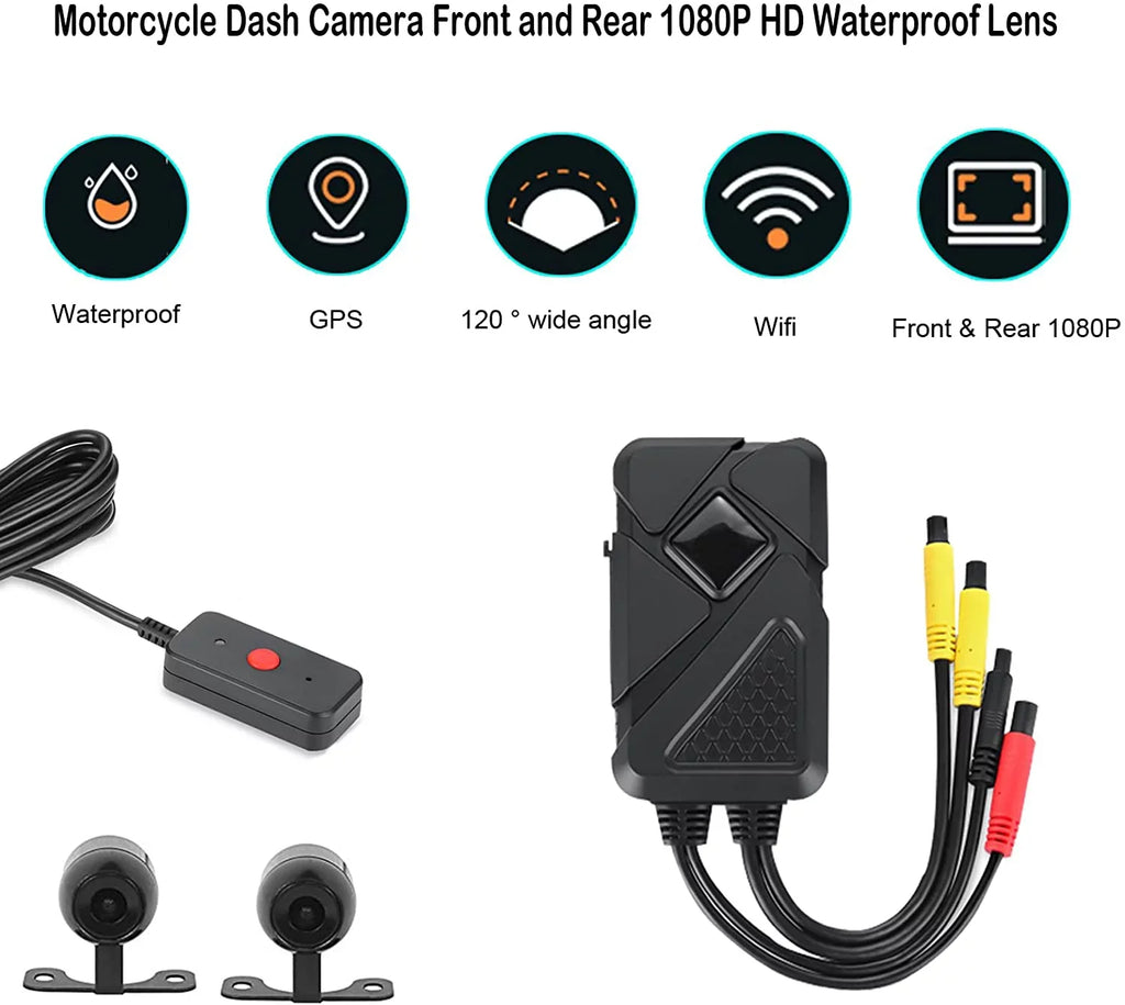 GPS Camera Waterproof Camera Wide HD with Waterproof Motorcycle 1080P Dash Front Wi-Fi, Angle and Lens Rear 120° Recording