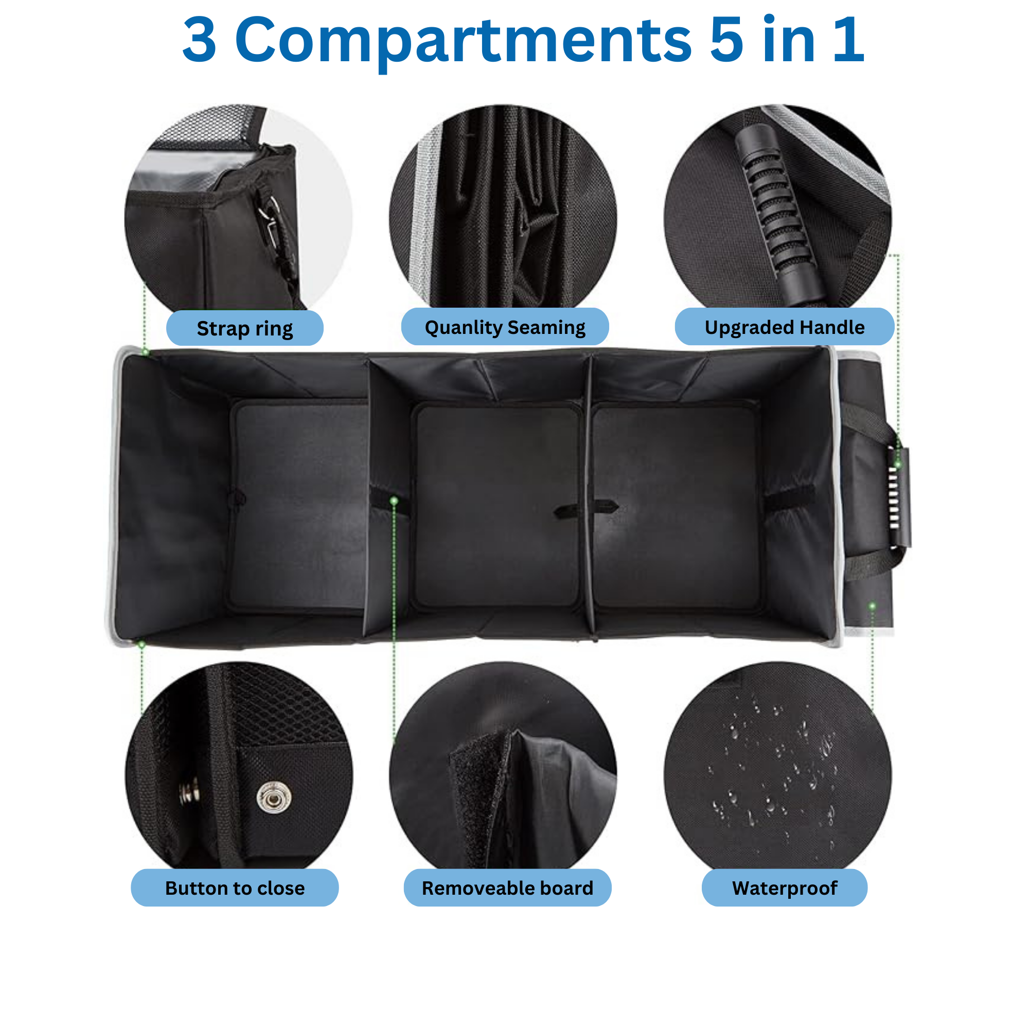 SUV D Dividers, Removable & - Storage Glamor and Cooler Black 5-in-1 - Straps Bag Cargo Collapsible Solution Lid, Car Leak-proof Trunk with Foldable Insulated Organizer with Tie-Down 2