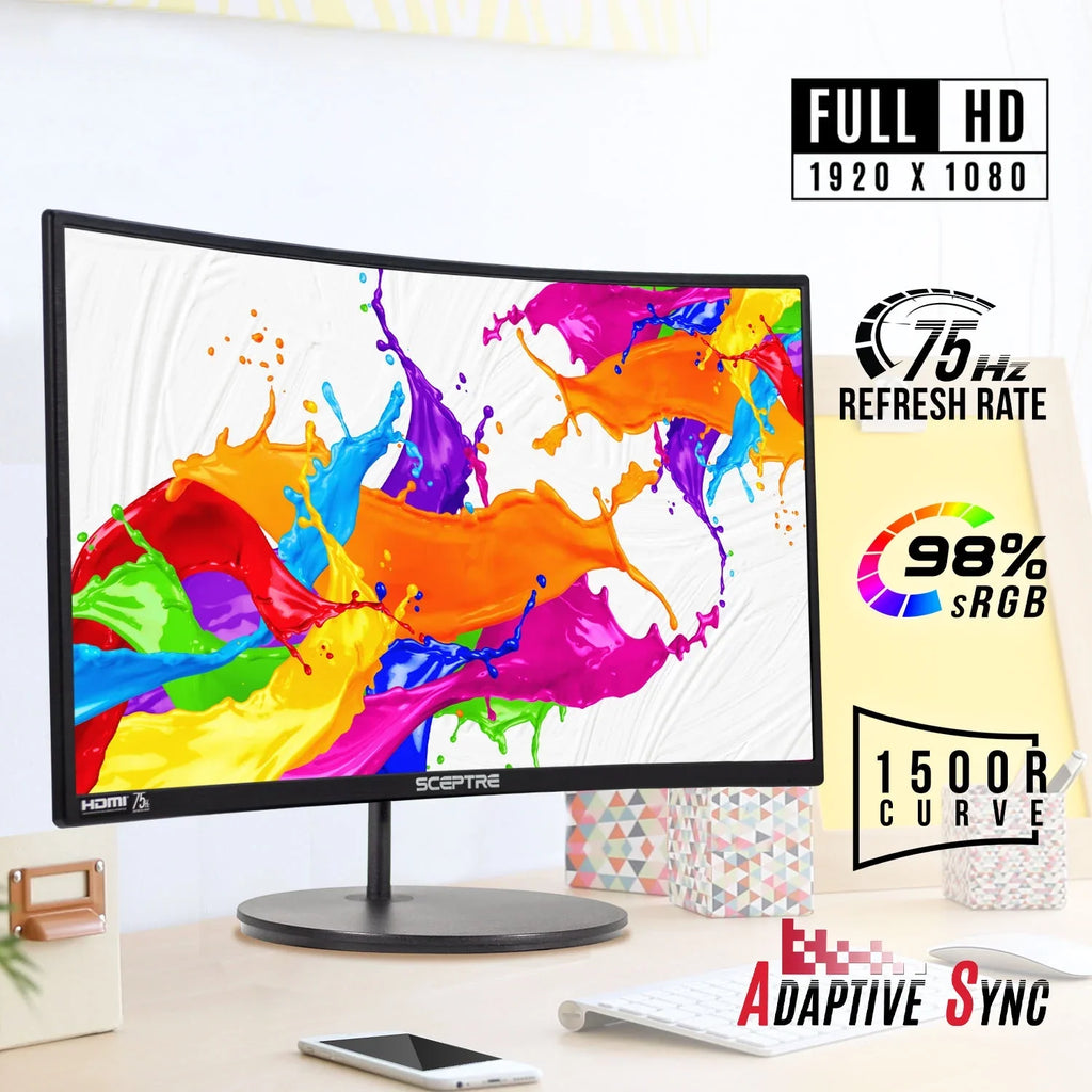 Curved Thin 24" Full Sceptre Monitor C248W-1920R LED Gaming VGA 75Hz Metal Ultra HDMI Speakers 1080P HD DisplayPort Black