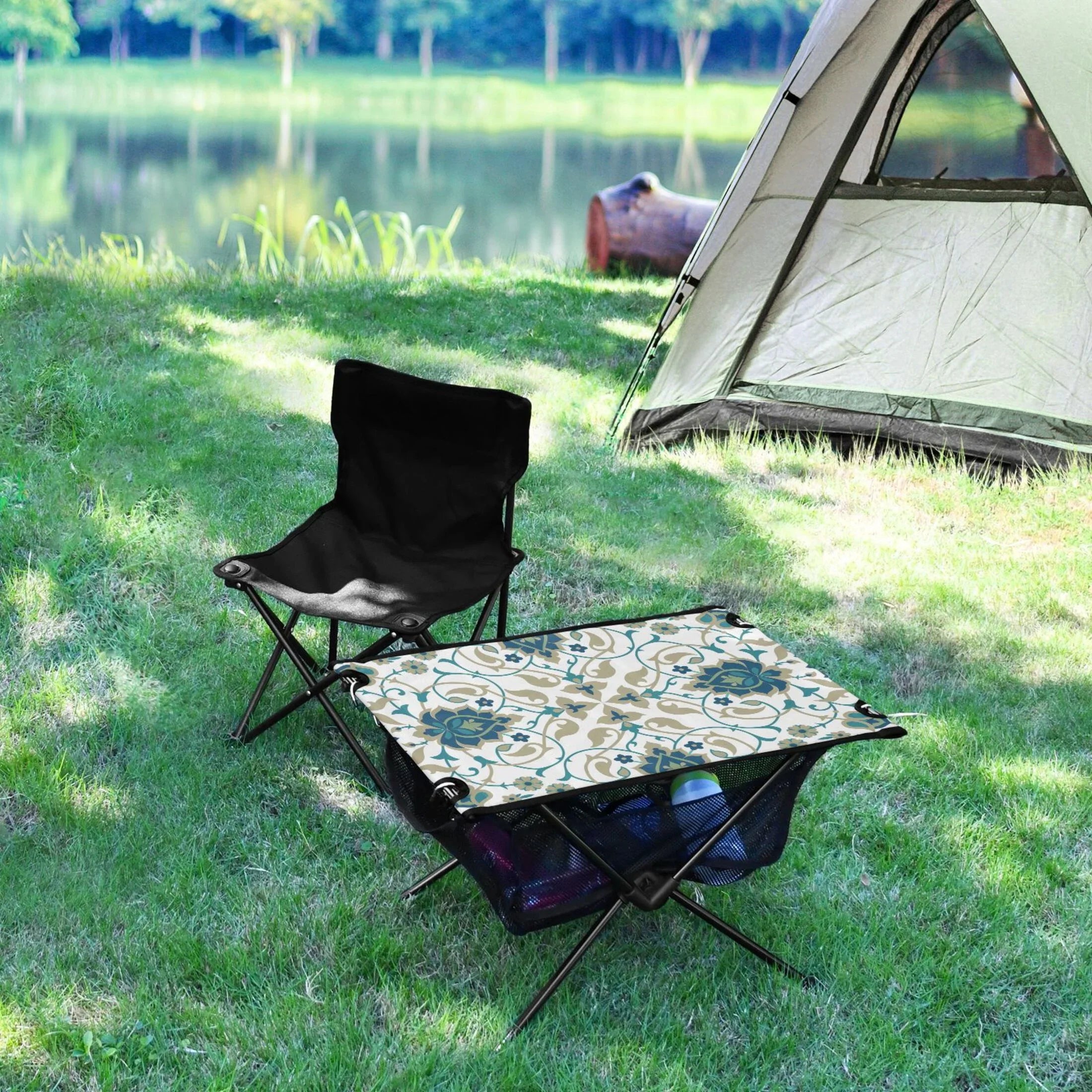 Folding Fishing Print Beach Outdoor Storage Table with Indian Table for Picnic Travel Camping Table BBQ Compact Bag transportable