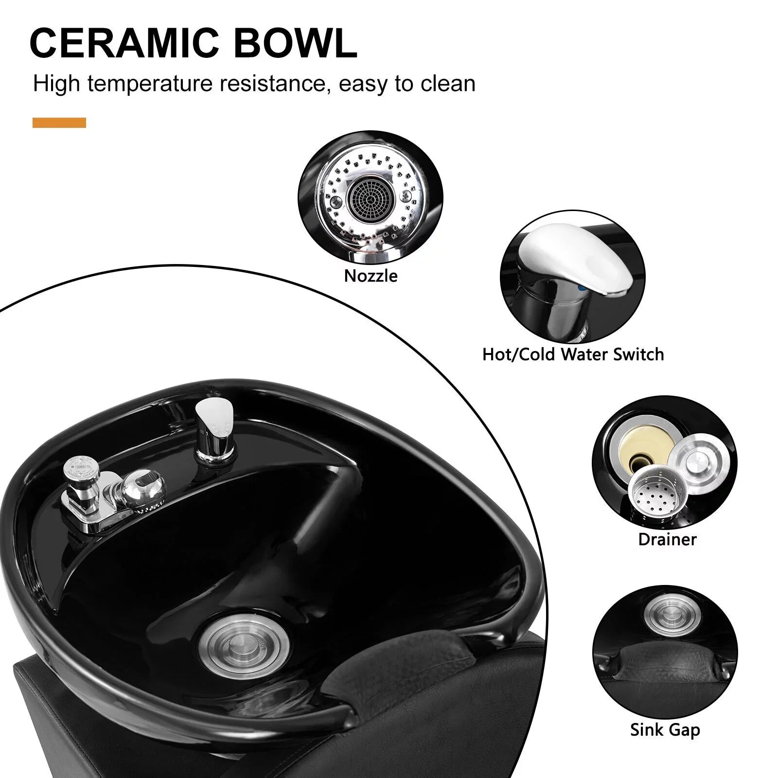 Sink Bowl Adjustable Chair with Ceramic Tattoo and Salon Beauty Backwash Spa Shampoo Hand Footrest Bowl, Artist Black