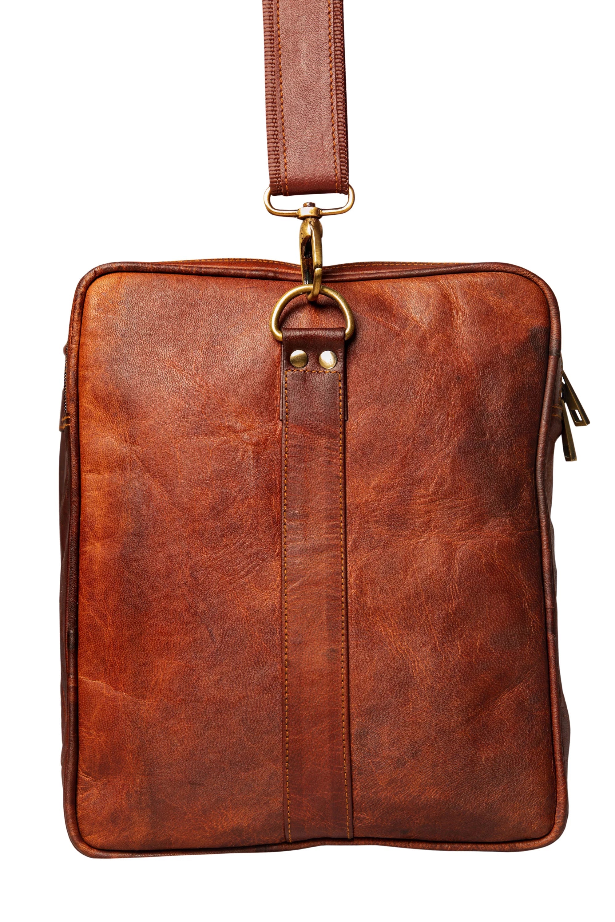 Brown Handmade Square Weekender Travel Leather Duffle Bag.