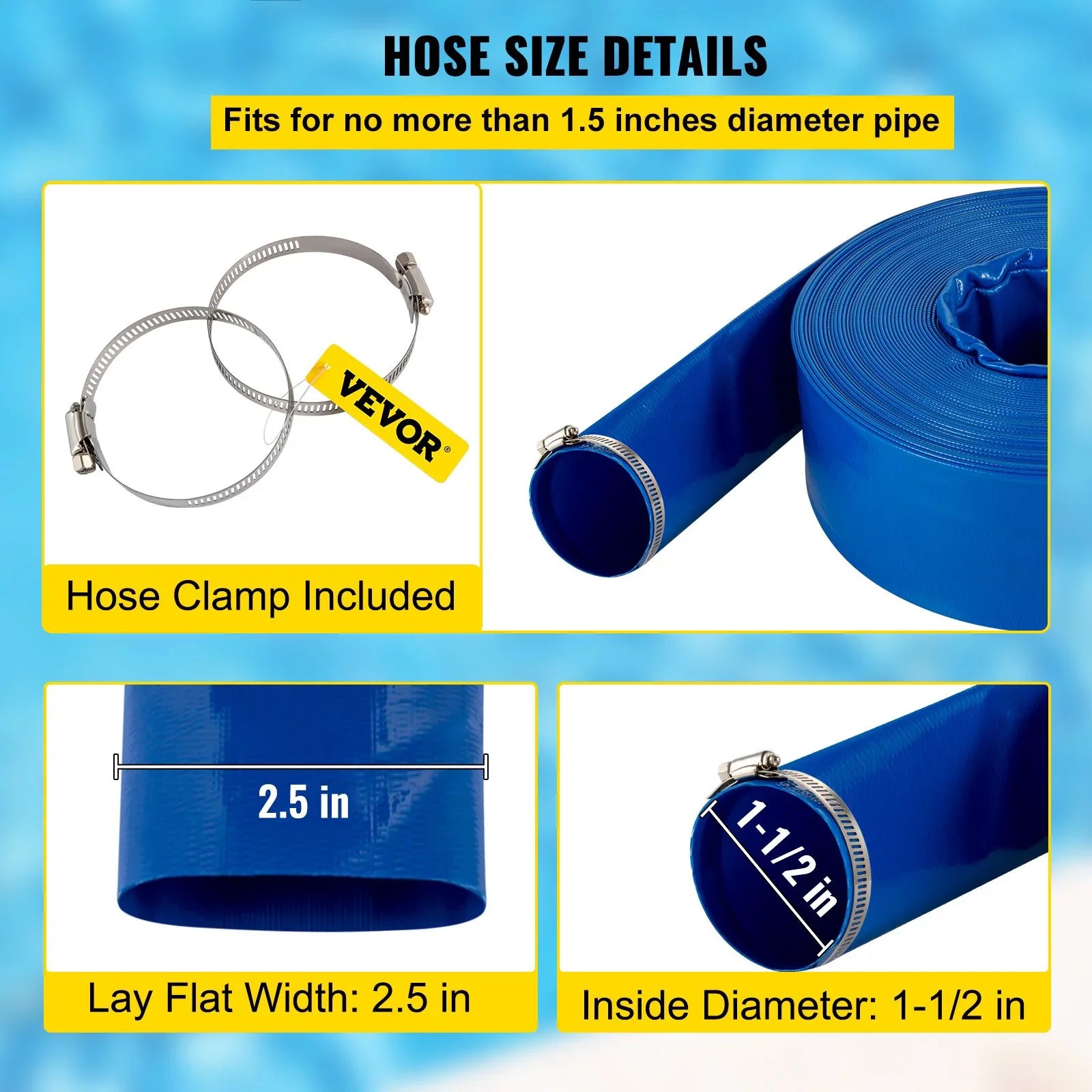 Backwash with x Water Drain & & Swimming Burst-proof, Duty 1-12" 105', Weather-proof VEVOR Flat Hose, Hose, Heavy Clamps, Fabric Pool Transfer, Hose Discharge for Ideal Lay