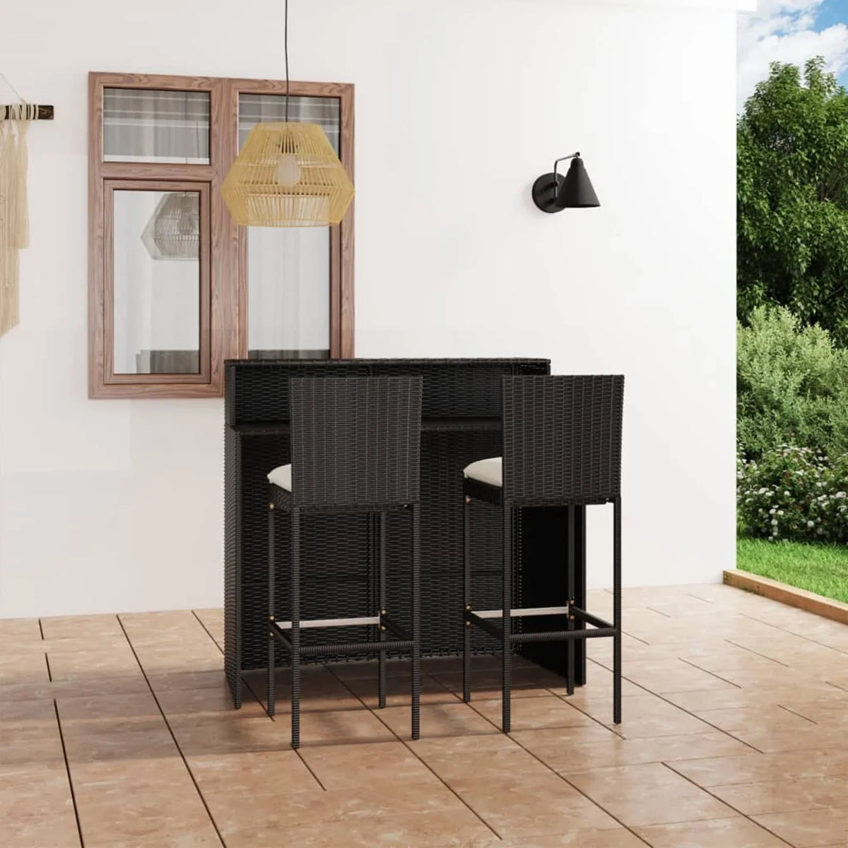 Anself Bar Bar Piece Patio Outdoor Chair Poly Table Backrest Balcony, Garden, for Rattan with Black Stool Backyard, Furniture and 2 Bar Patio, and Cushioned Footrest Set 3