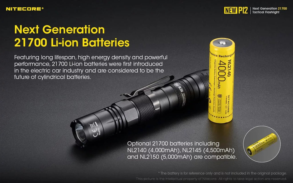 '- 1200 Lumens Battery, Cord, Flashlight Wall Adapter Nitecore 3Amp w/NL2150HPR New P12 Version USB LED and