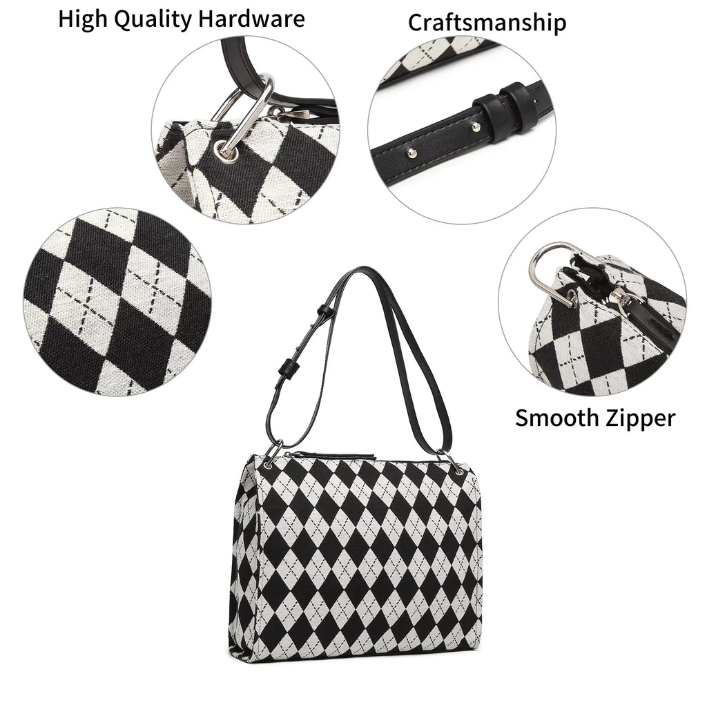 Shoulder pattern Black checkerboard handbag and clutch Ladies off-white Bag handbag