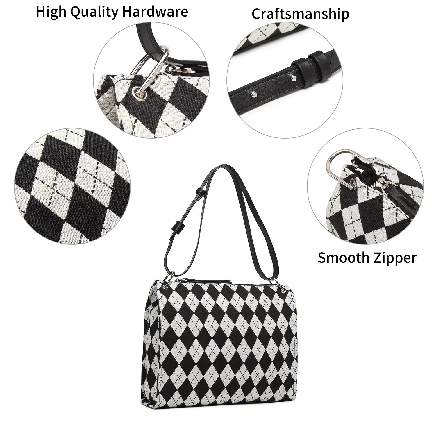 Shoulder pattern Black checkerboard handbag and clutch Ladies off-white Bag handbag