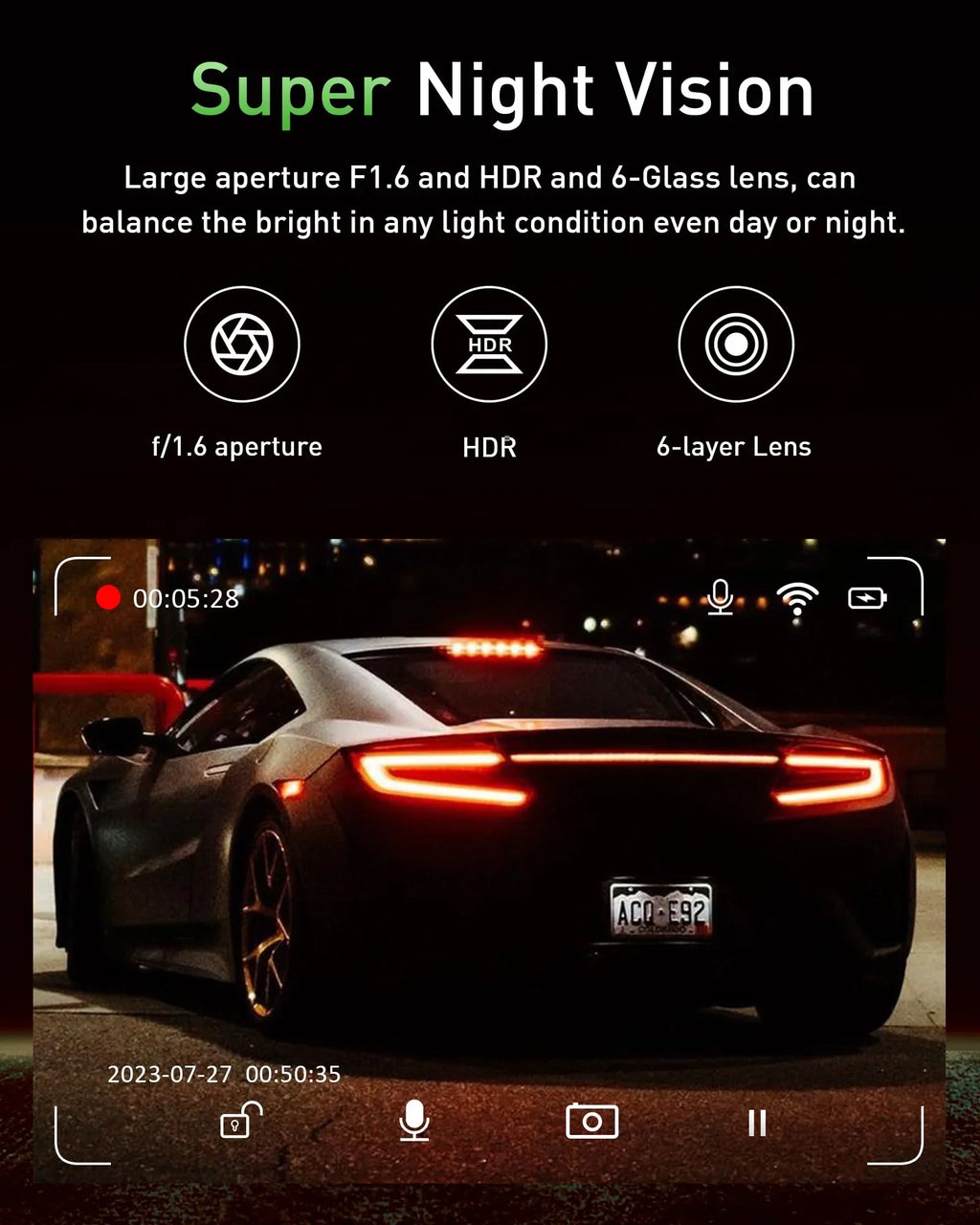 included 170° dash IPS night cam, parking hours dash recording, angle, rear car 4K+1080P 64GB loop front cam, wide Advanced 3-inch card WiFi 24 dual cam, SD mode, vision, and dual dash