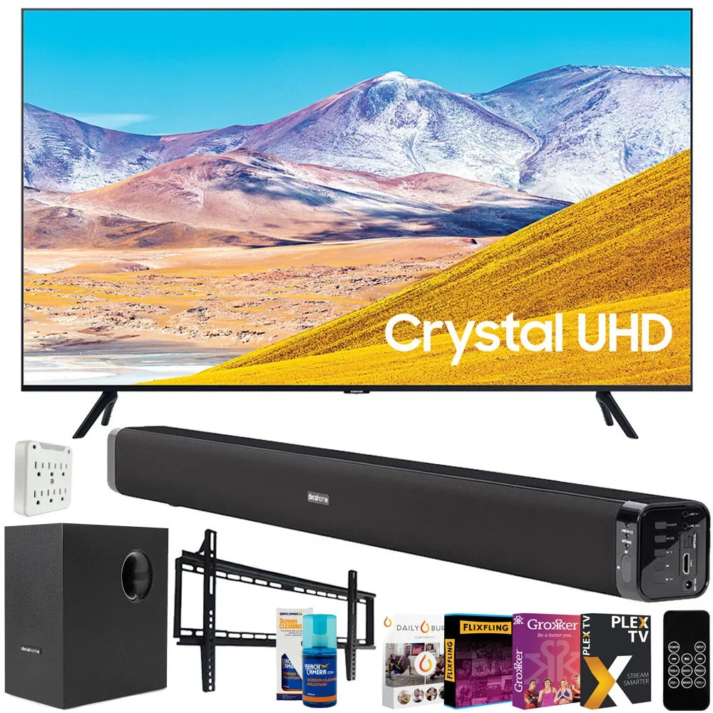 & 65 TV Gear UN65TU8000 60W with Soundbar and Screen Cleaner TV TV Adapter, Bundle Digital Samsung (65TU8000 65-inch 4K Smart Deco Mount, 65" LED UHD (2020) Subwoofer, Essentials Surge TV) Inch Wall