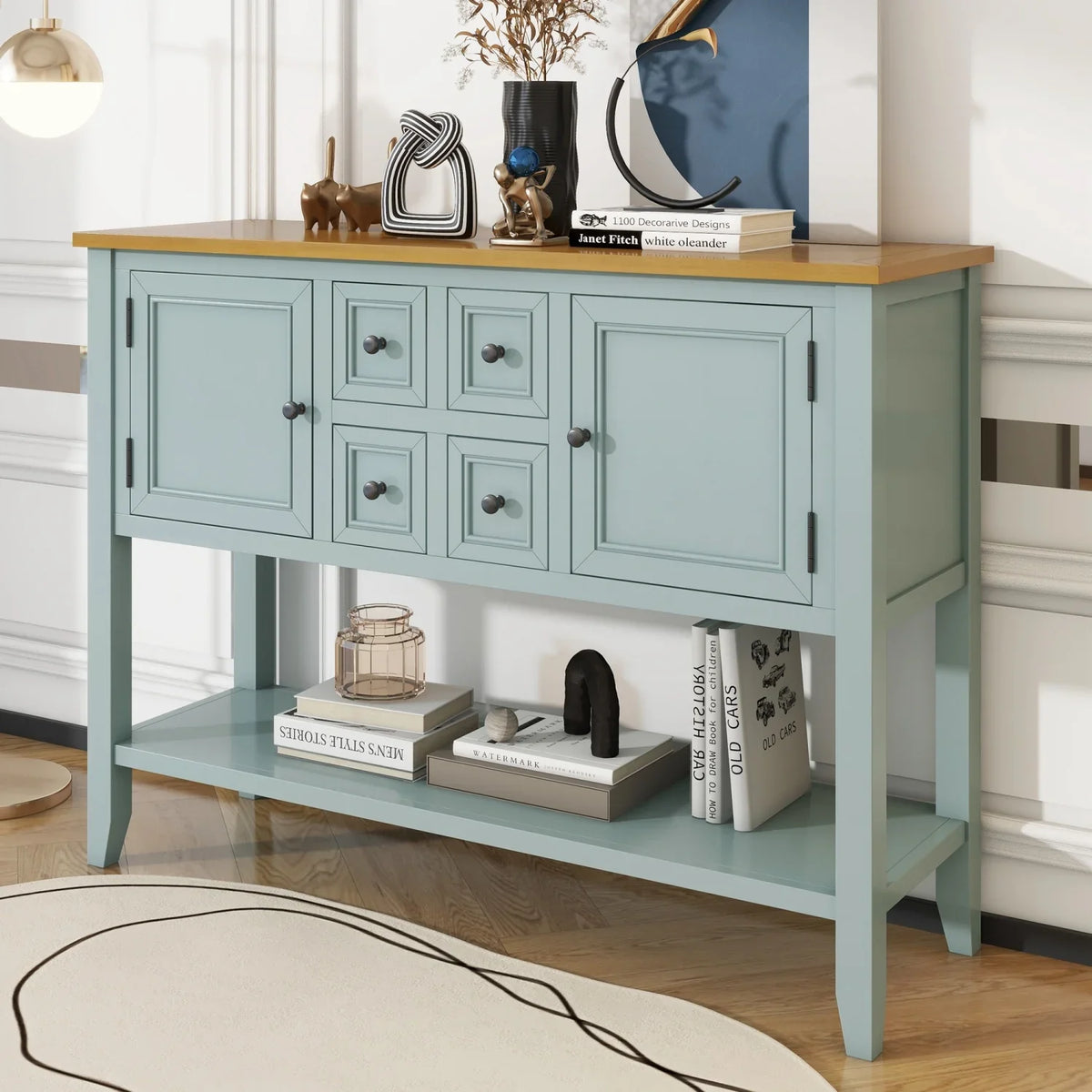Drawers Kitchens Series with WF190263AAE) Living Shelf Vintage Console Rooms Ample Storage SKU (Antique Gray Small and TREXM Bottom Table for and Entrances OLD Four Cambridge