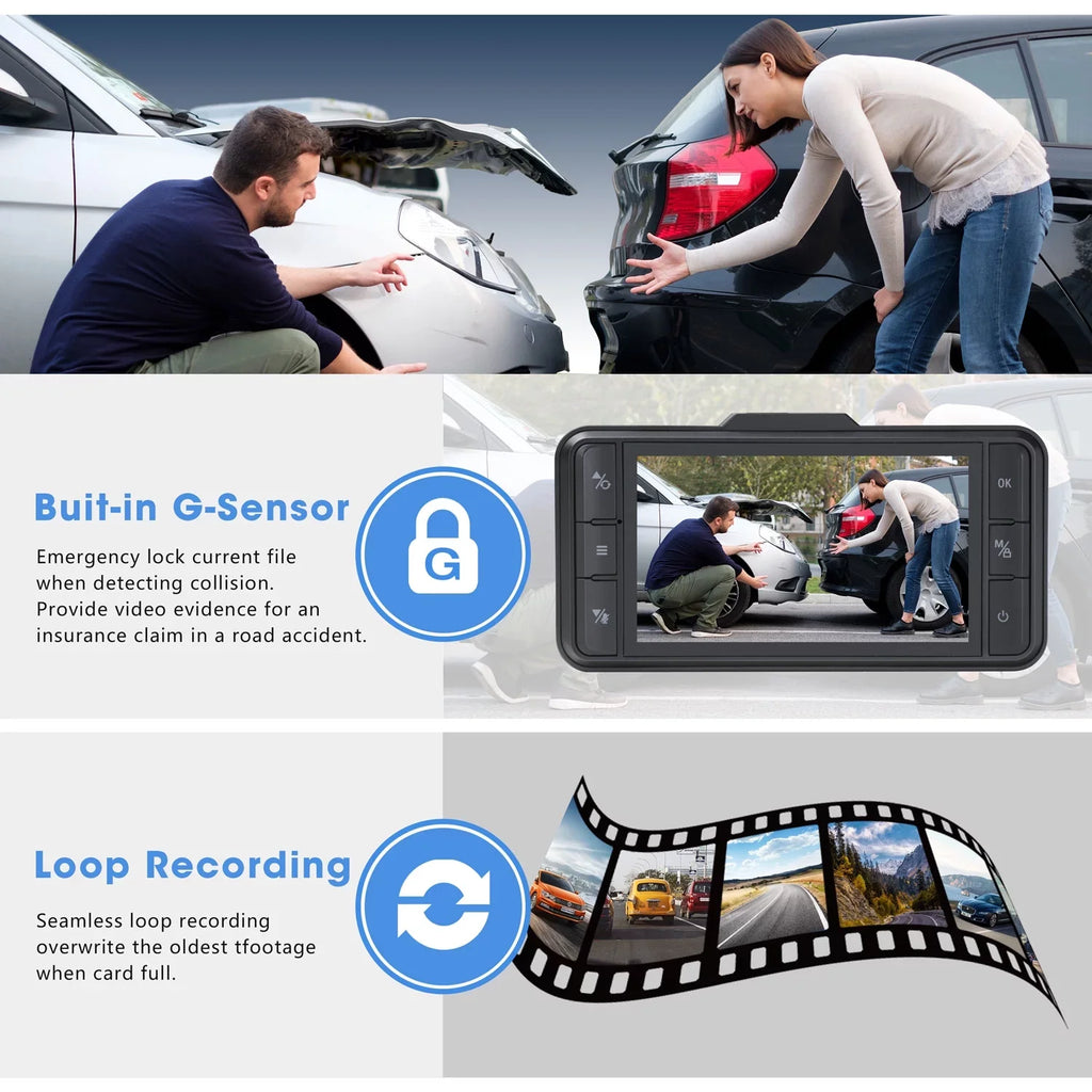 Camera 1080P Dual Dash G-Sensor GPS and Rear Recording IPS TOGUARD Black Camera WDR Loop Cam 3" Dash Car FHD Front