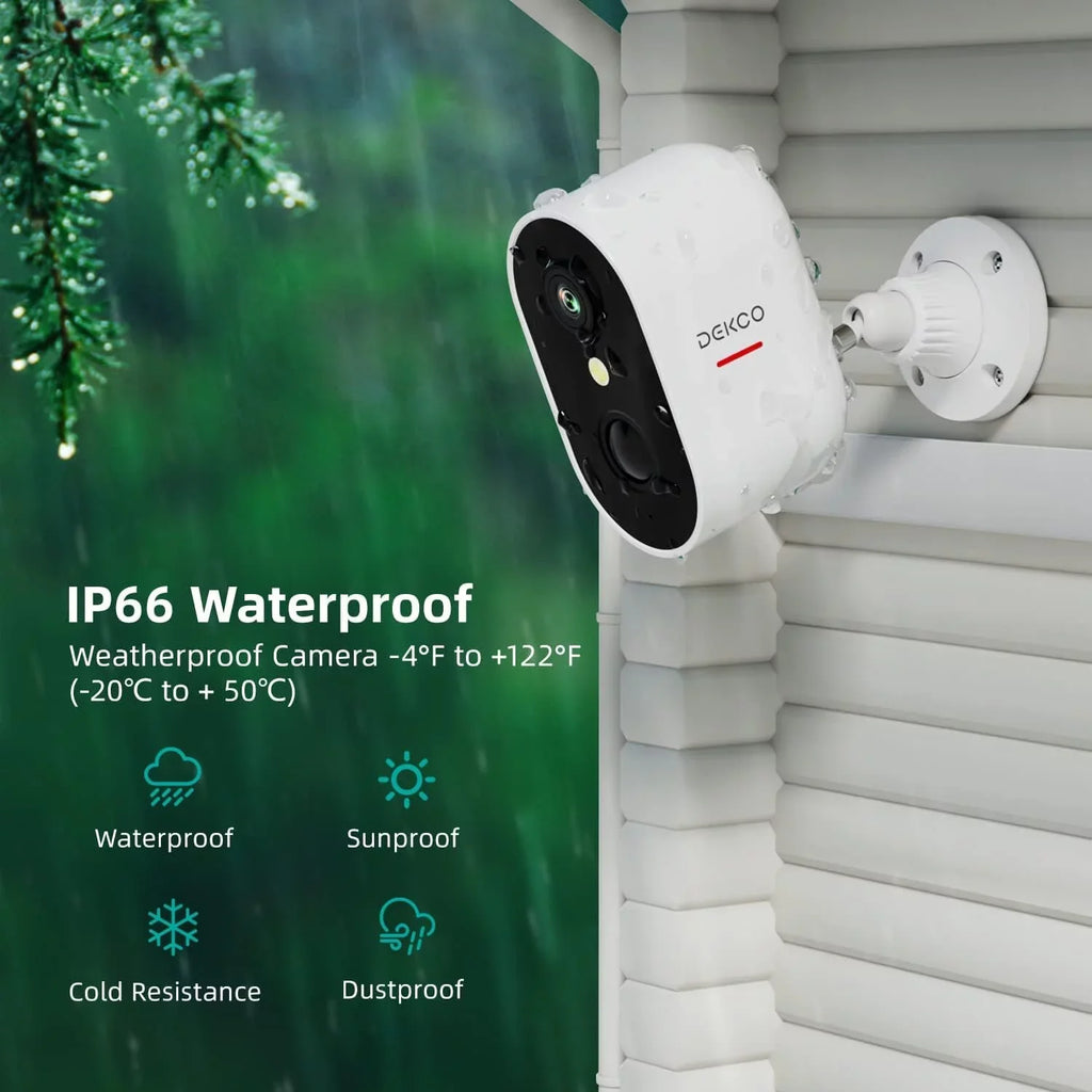 Motion Camera Wireless Siren,Rechargeable Outdoor /Indoor Security Battery Vision DEKCO & with Spotlight Color Detection 2K Night 2-Way WiFi Audio Surveillance Camera with Home Powered