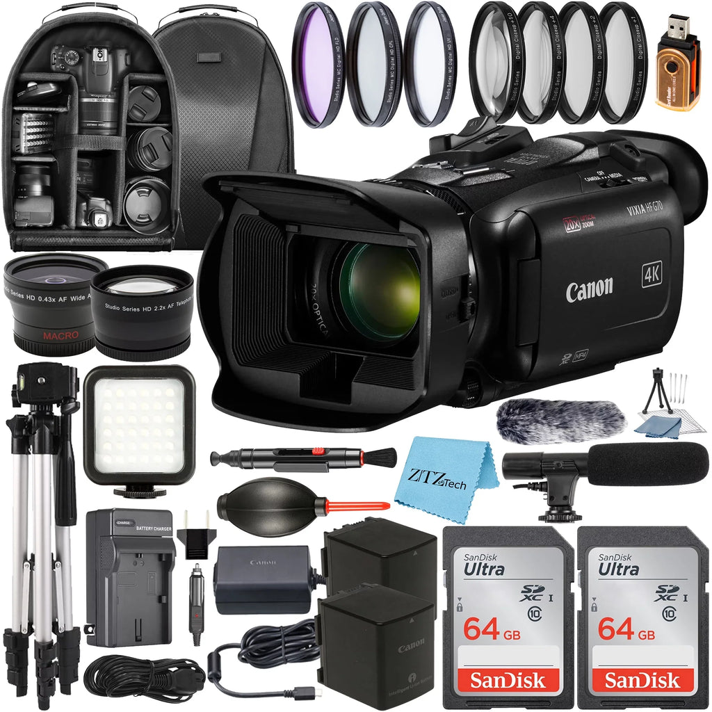 UHD 2 SanDisk Vixia + Tripod HF Wideangle + Bundle Lens Accessory Camcorder Case Pack Memory 64GB G70 with + Card ZeeTech 4K Canon +