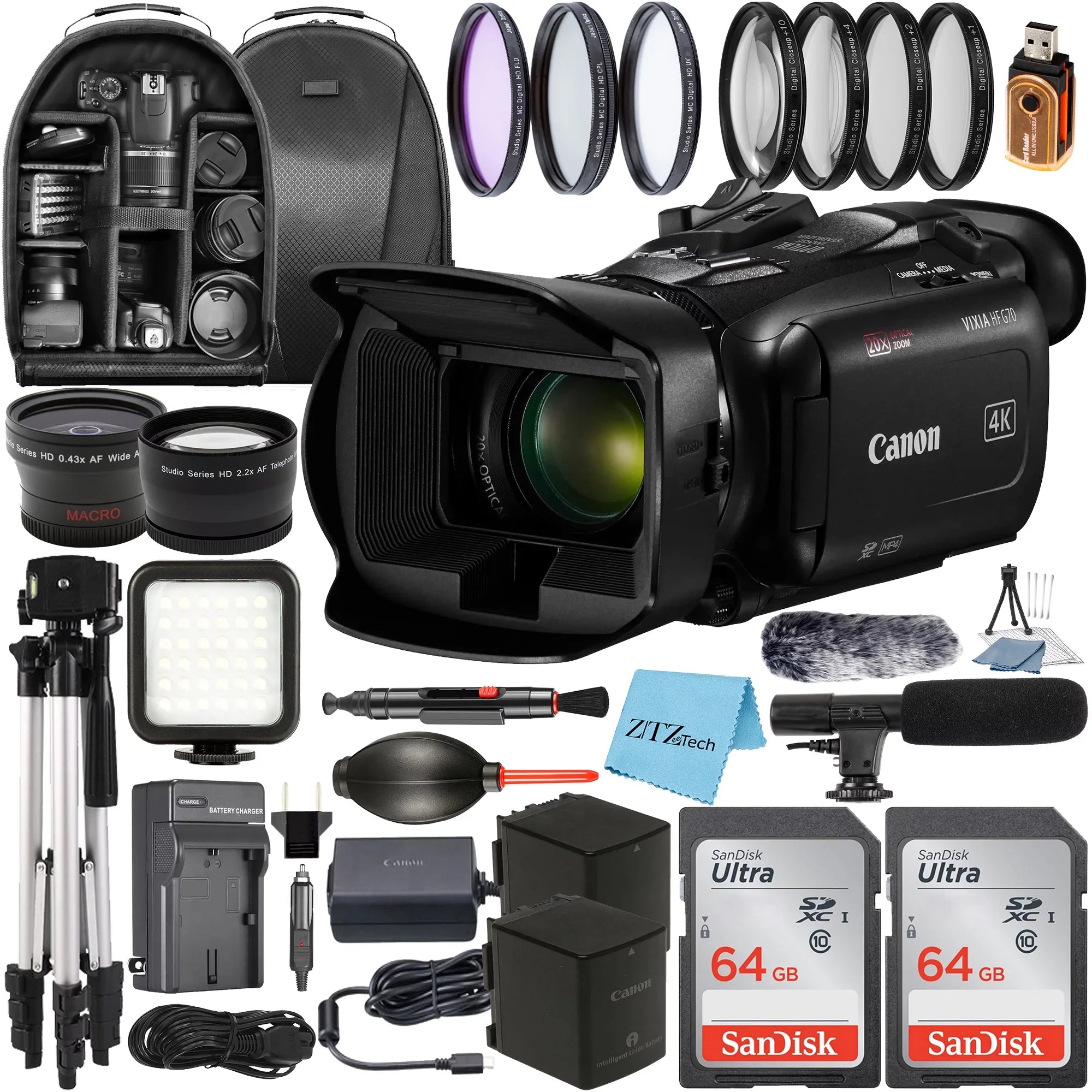 UHD 2 SanDisk Vixia + Tripod HF Wideangle + Bundle Lens Accessory Camcorder Case Pack Memory 64GB G70 with + Card ZeeTech 4K Canon +
